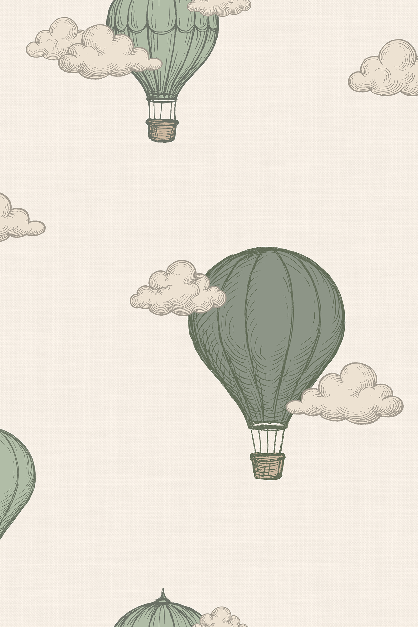 Agnes Green and Cream Vintage Hot Air Balloon and Clouds Wallpaper - Removable Wallpaper (Peel & Stick)