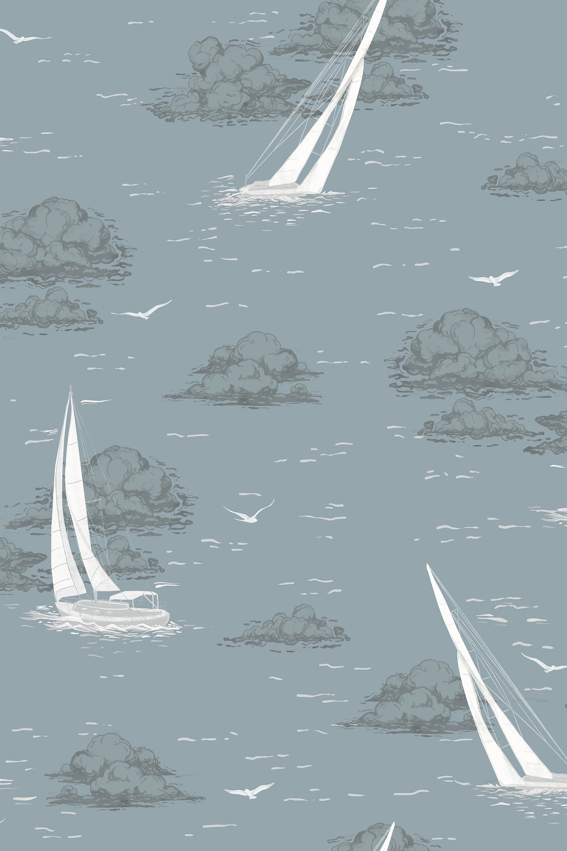 Albatross Pastel Blue Vintage Sail Boat Wallpaper - Removable Wallpaper (Peel & Stick)