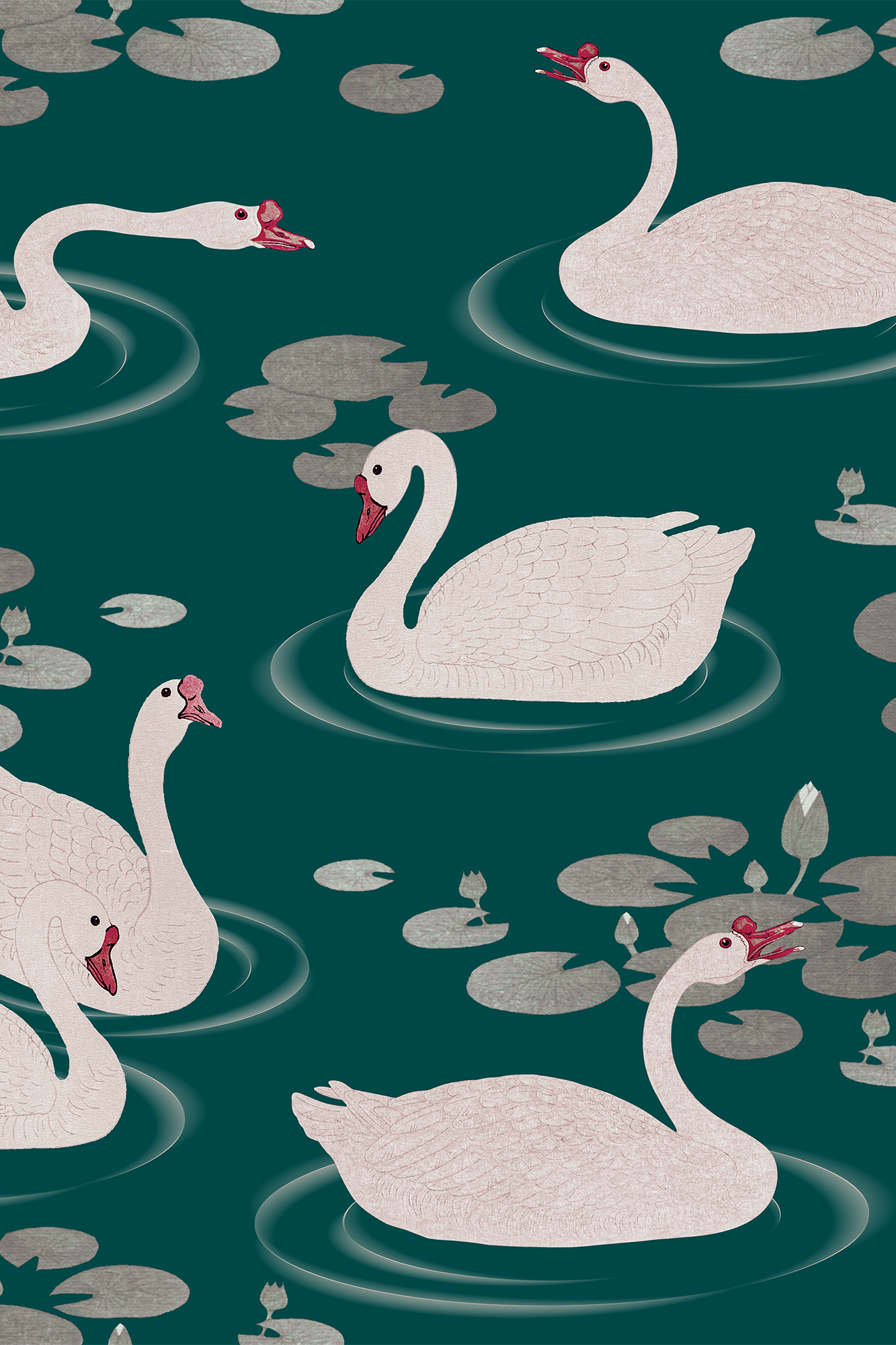 Angelica Green and Red Graceful Swimming Swans Wallpaper - Removable Wallpaper (Peel & Stick)