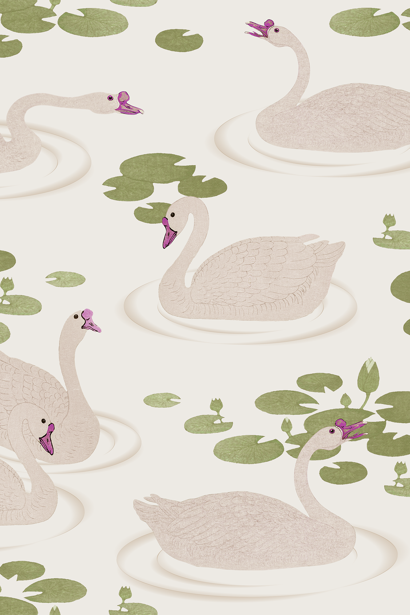 Angelica Green and Pink Graceful Swimming Swans Wallpaper - Removable Wallpaper (Peel & Stick)