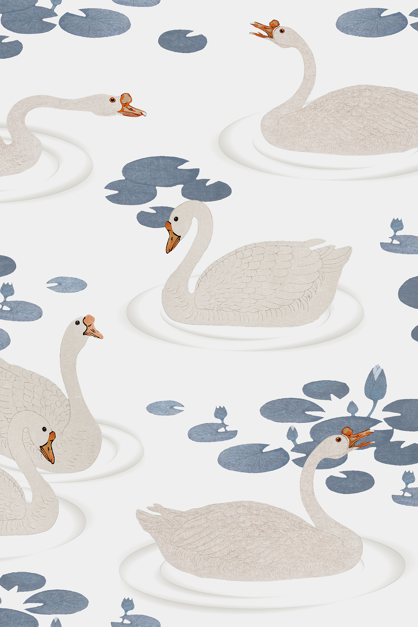 Angelica Blue and Orange Graceful Swimming Swans Wallpaper - Removable Wallpaper (Peel & Stick)