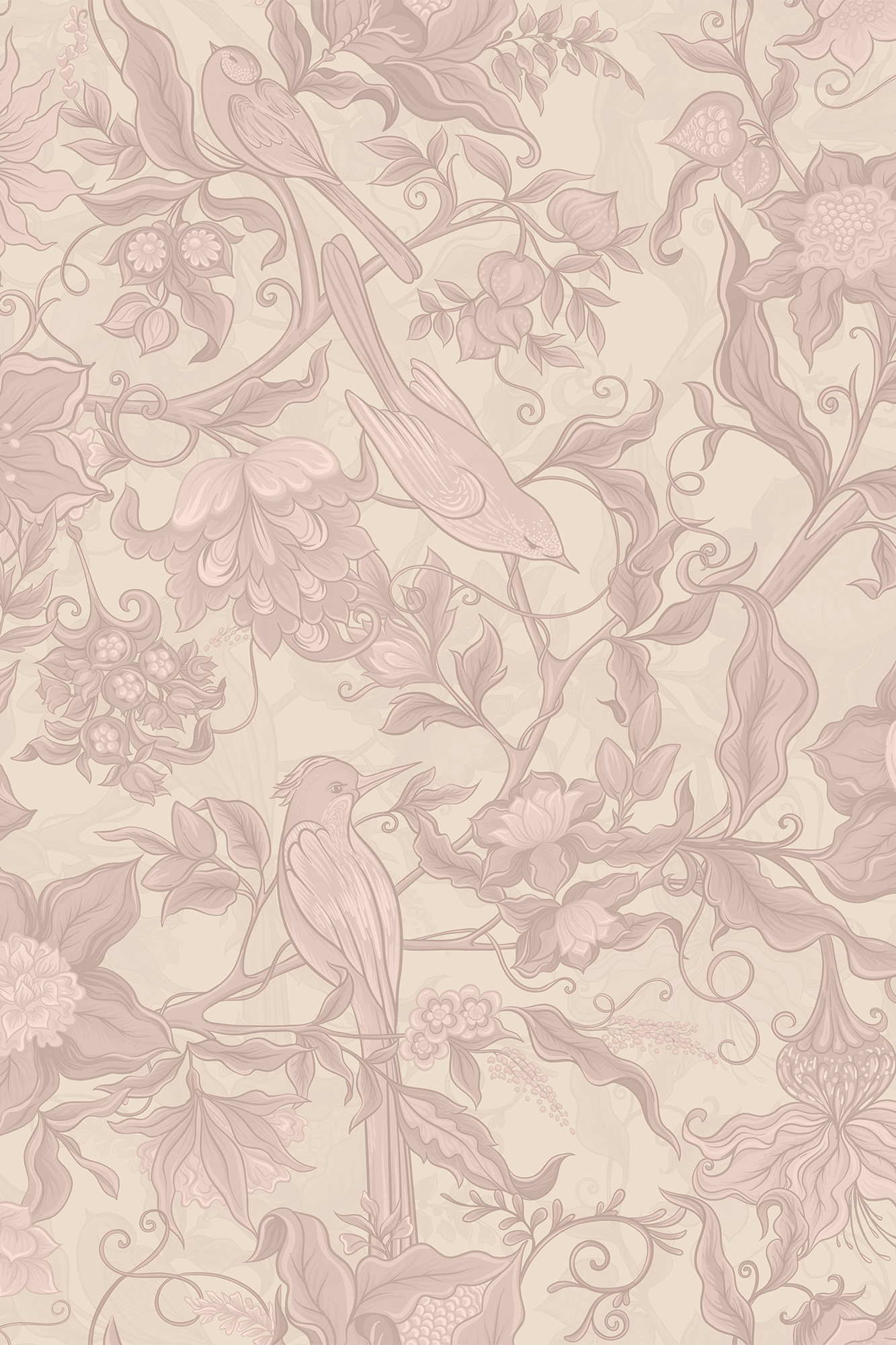 Aurora Red Vintage Florals and Birds Wallpaper - Removable Wallpaper (Peel & Stick)
