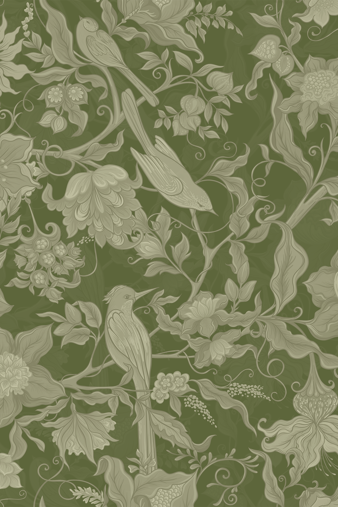 Aurora Green Vintage Florals and Birds Wallpaper - Removable Wallpaper (Peel & Stick)