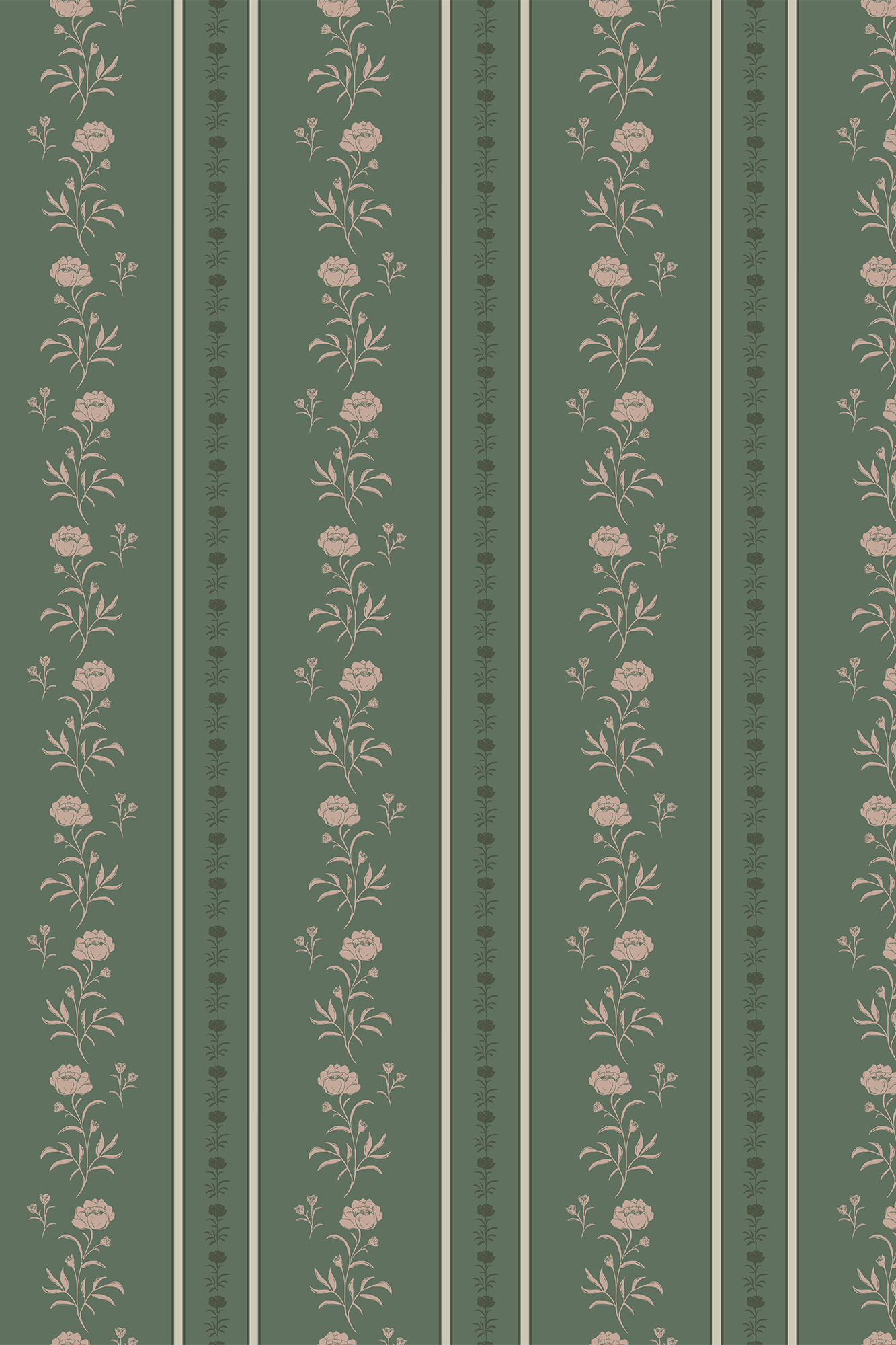 Annie Pink and Olive Floral Striped Wallpaper - Removable Wallpaper (Peel & Stick)