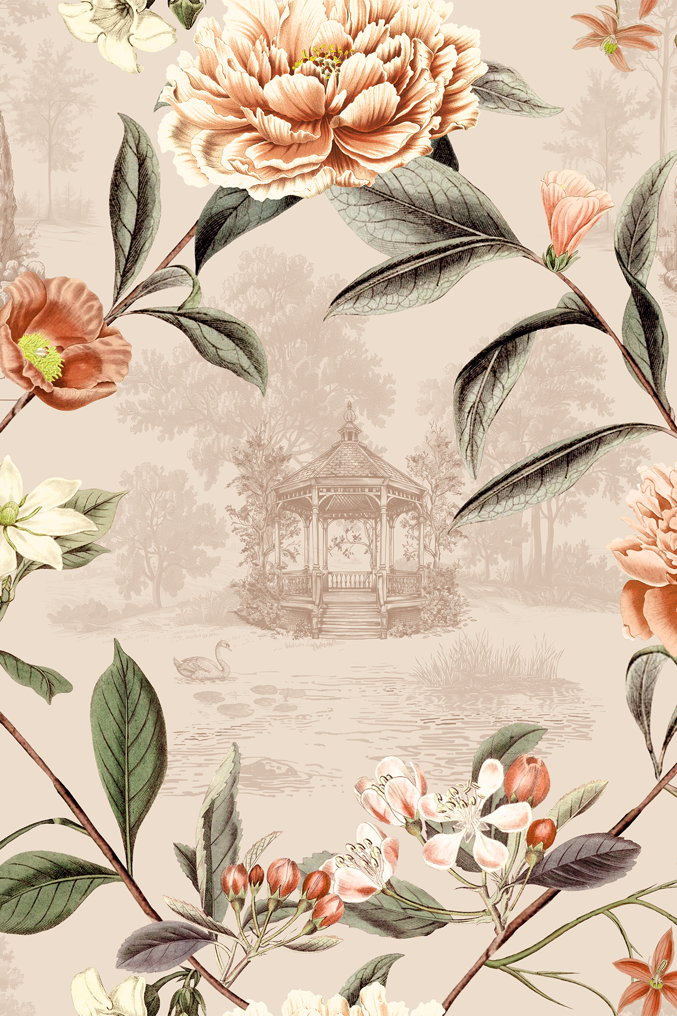 Aspen Peach and Green Secret Garden Floral Trellis Wallpaper - Removable Wallpaper (Peel & Stick)