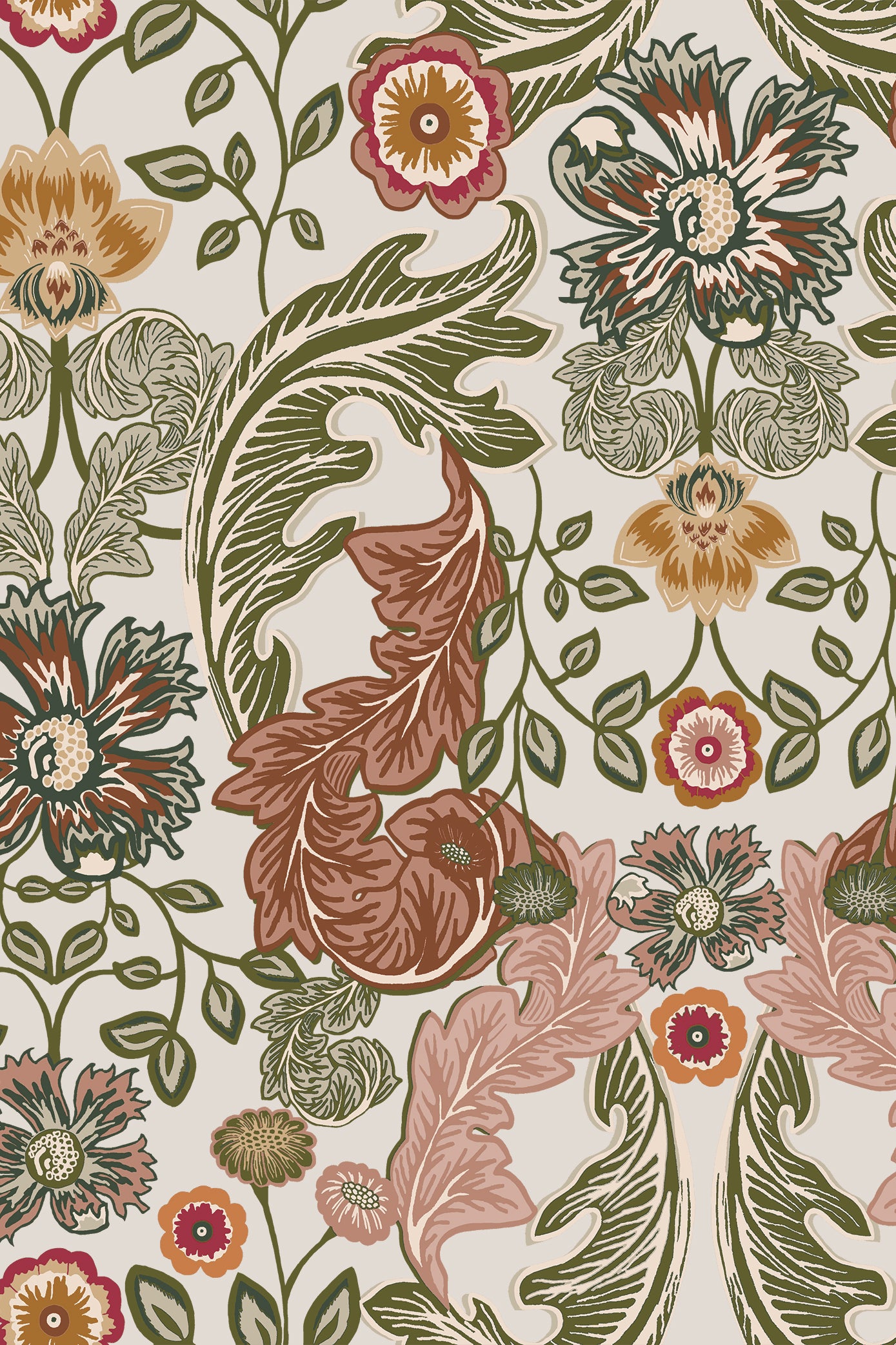 Brontë Green & Brown Acanthi Leaf Blooms Wallpaper - Removable Wallpaper (Peel & Stick)