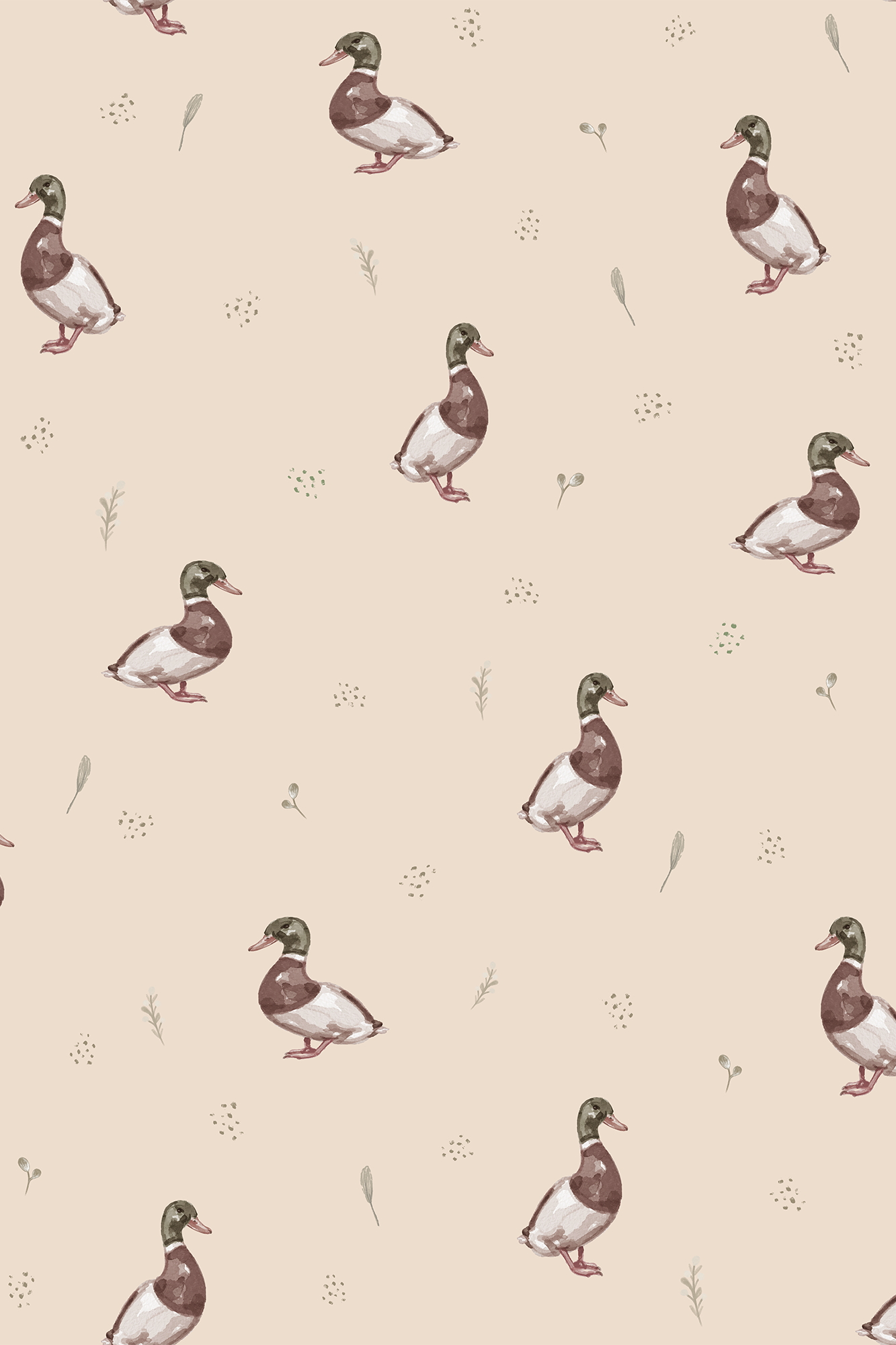 Finley Mahogany and Green Watercolour Mallard Duck Pattern Wallpaper - Removable Wallpaper (Peel & Stick)