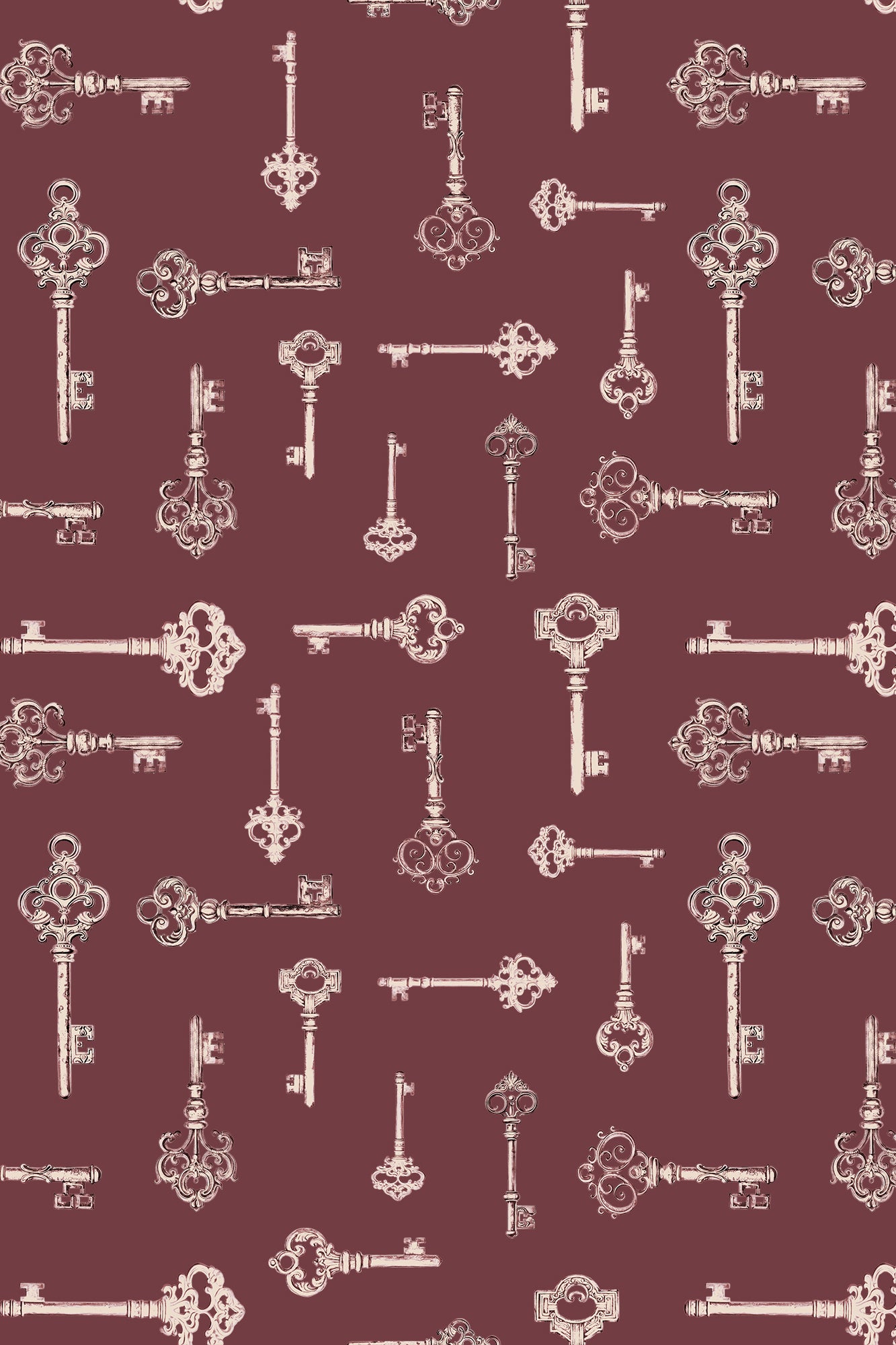 Kingsley White on Burgundy Traditional Antique Keys Wallpaper - Removable Wallpaper (Peel & Stick)