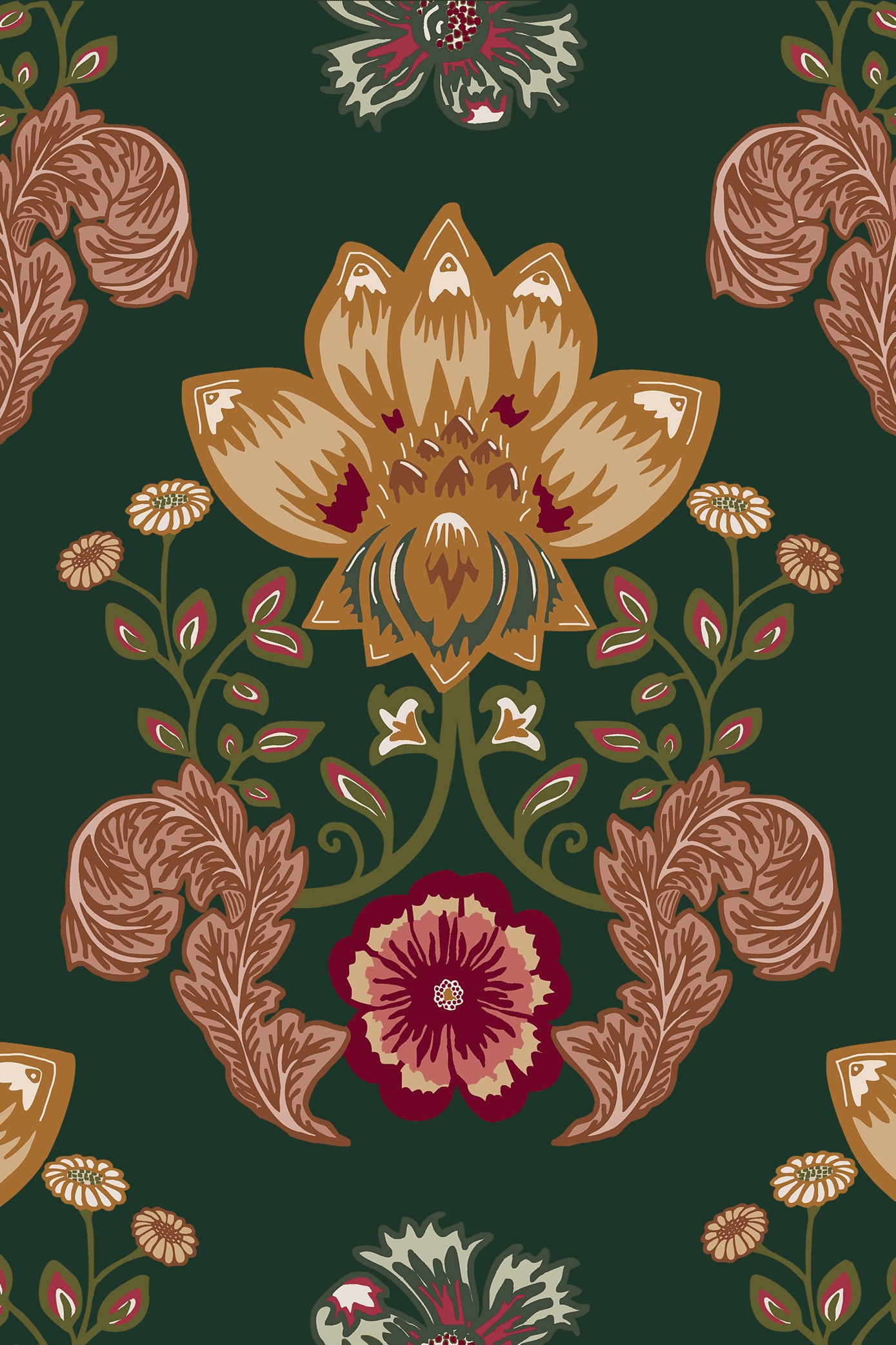Lilie Dark Pink & Green Damask Lilypad Foliage Wallpaper - Removable Wallpaper (Peel & Stick)