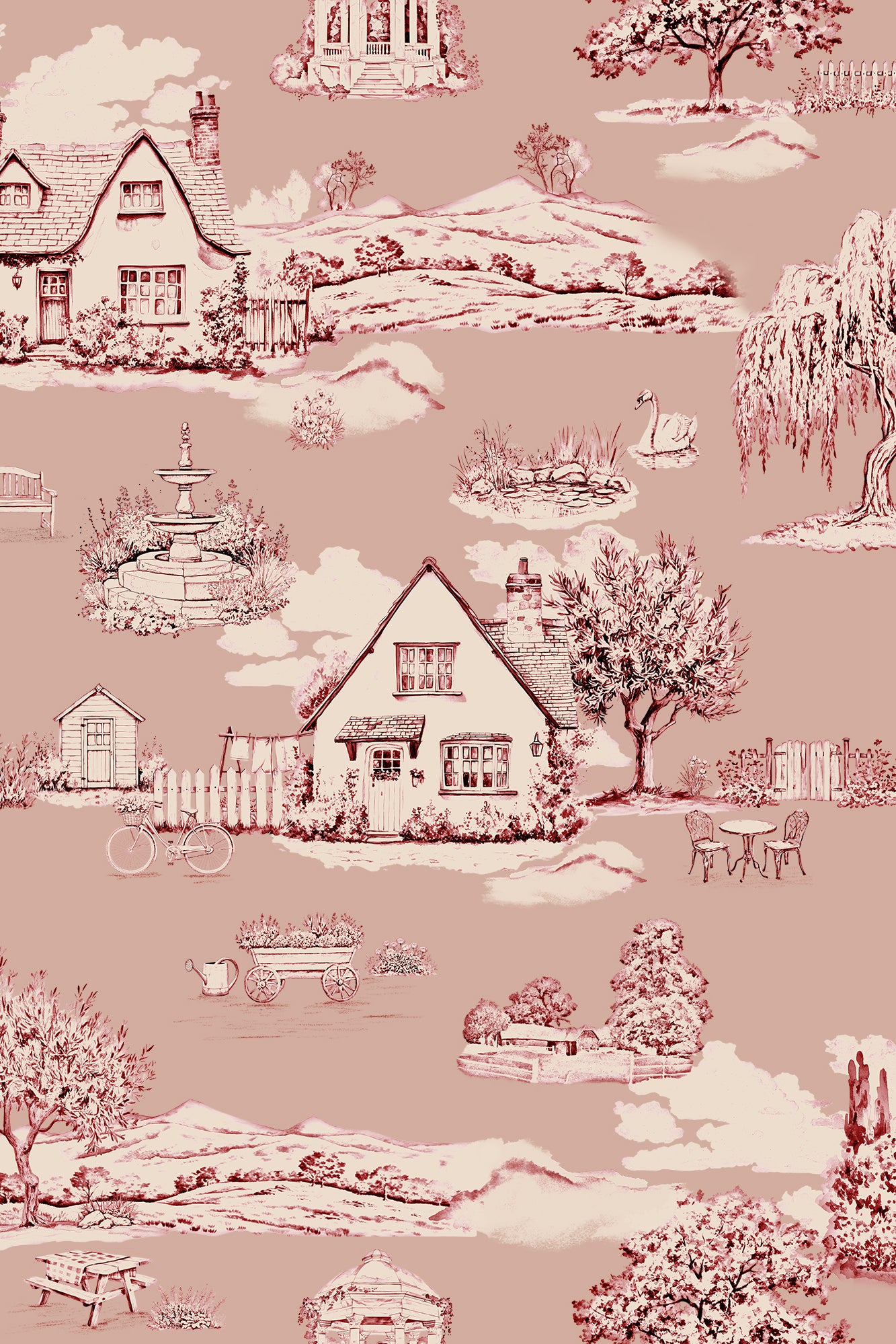 Mabel Pink Scenic Sketch English Countryside Wallpaper - Removable Wallpaper (Peel & Stick)