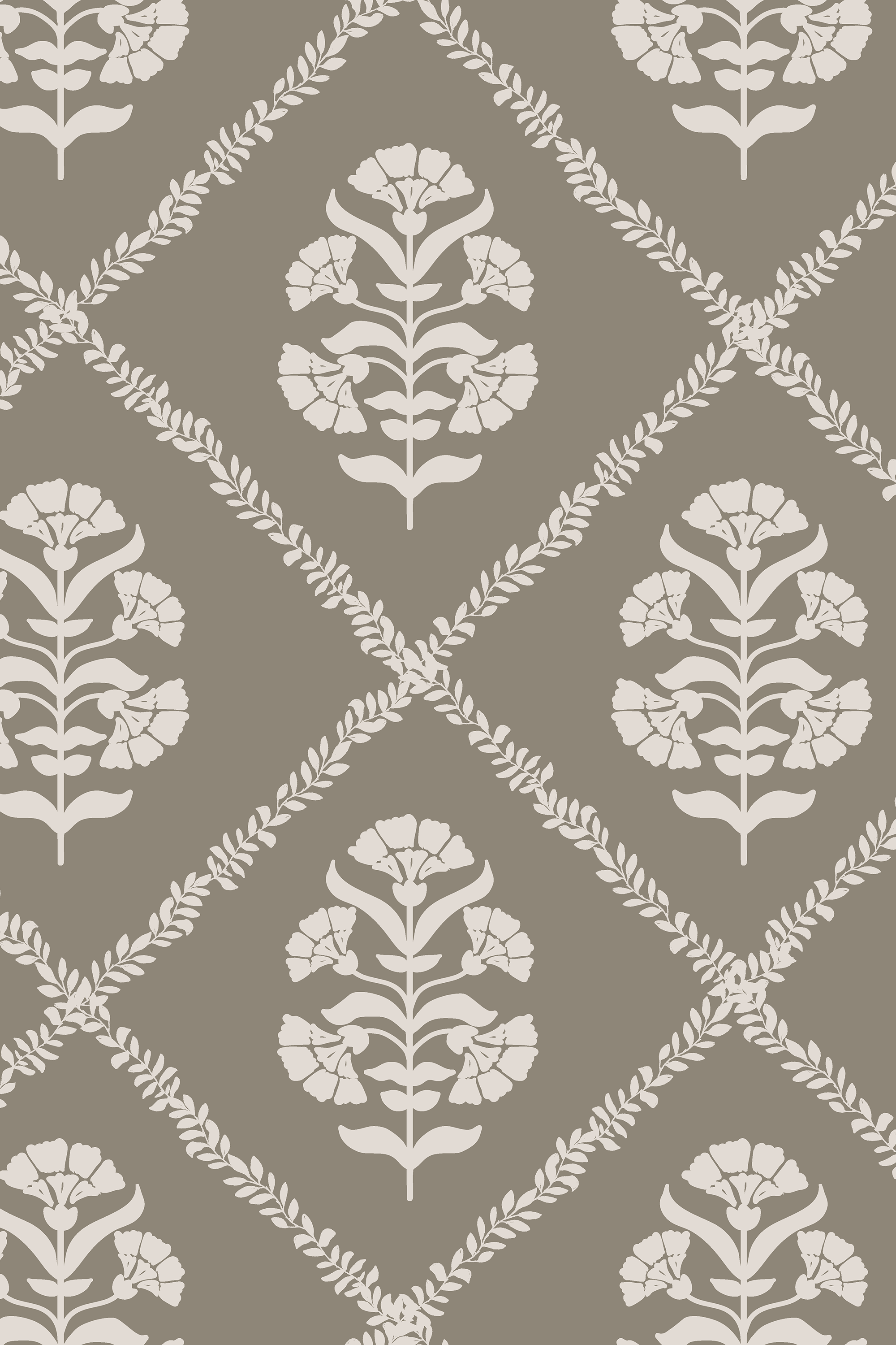 Posy Warm Grey & Cream Block Print Floral Trellis Wallpaper - Removable Wallpaper (Peel & Stick)