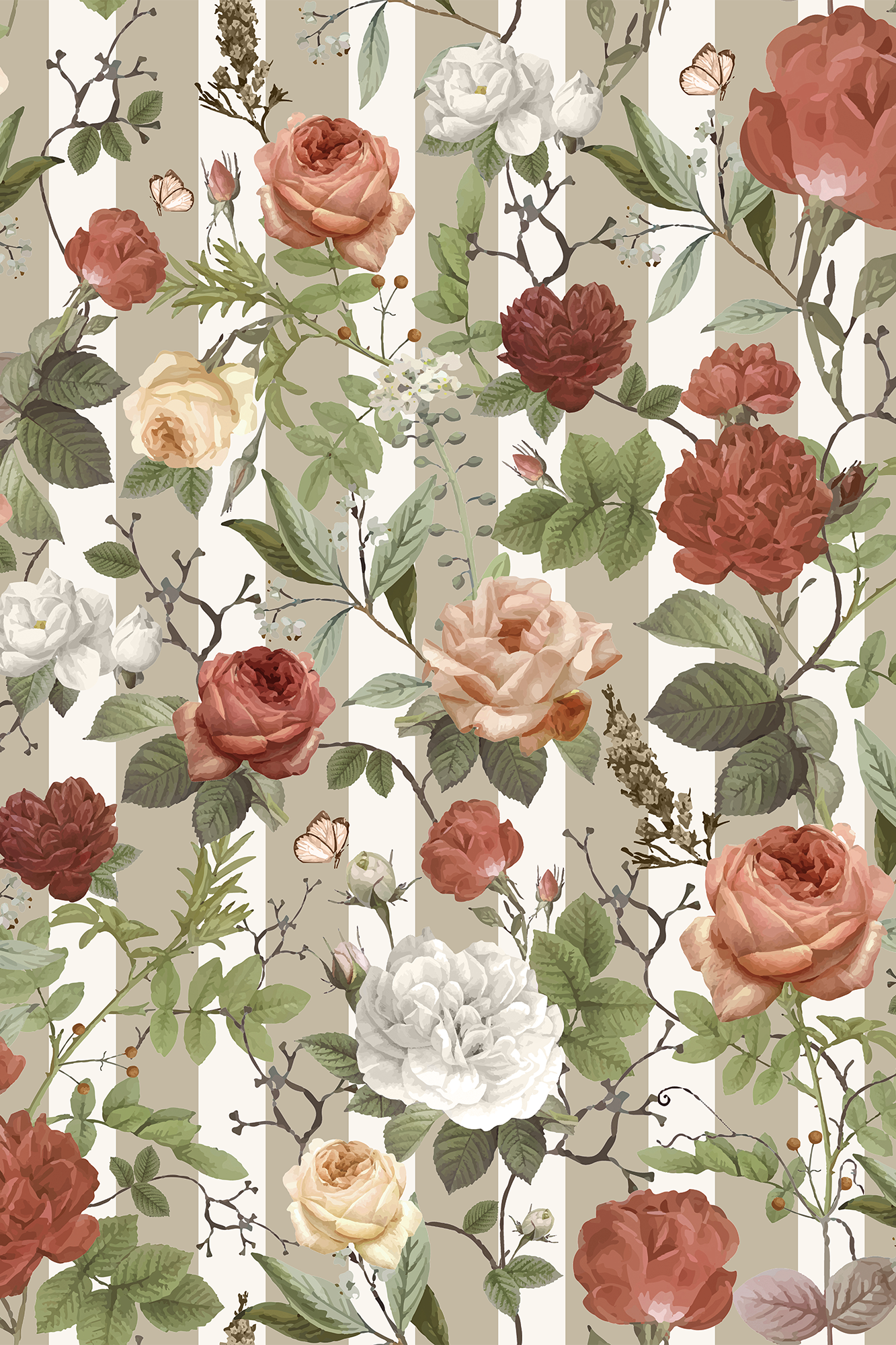 Rosalie Peachy Orange Striped Floral Vintage Rose Wallpaper - Removable Wallpaper (Peel & Stick)