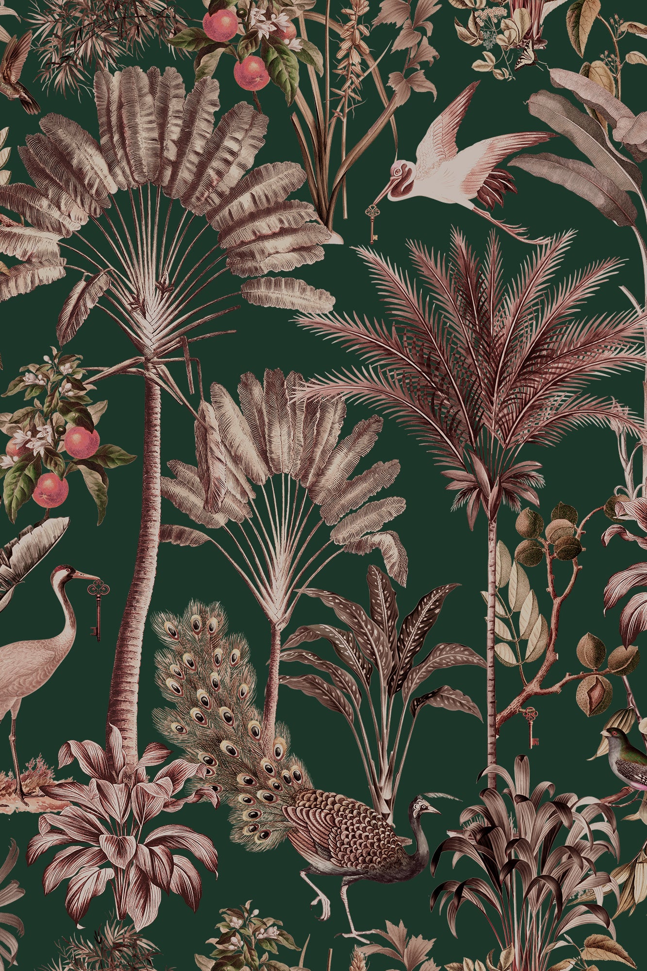 Royal Daya Dark Green & Pink Elegant Bird and Palms Wallpaper - Removable Wallpaper (Peel & Stick)