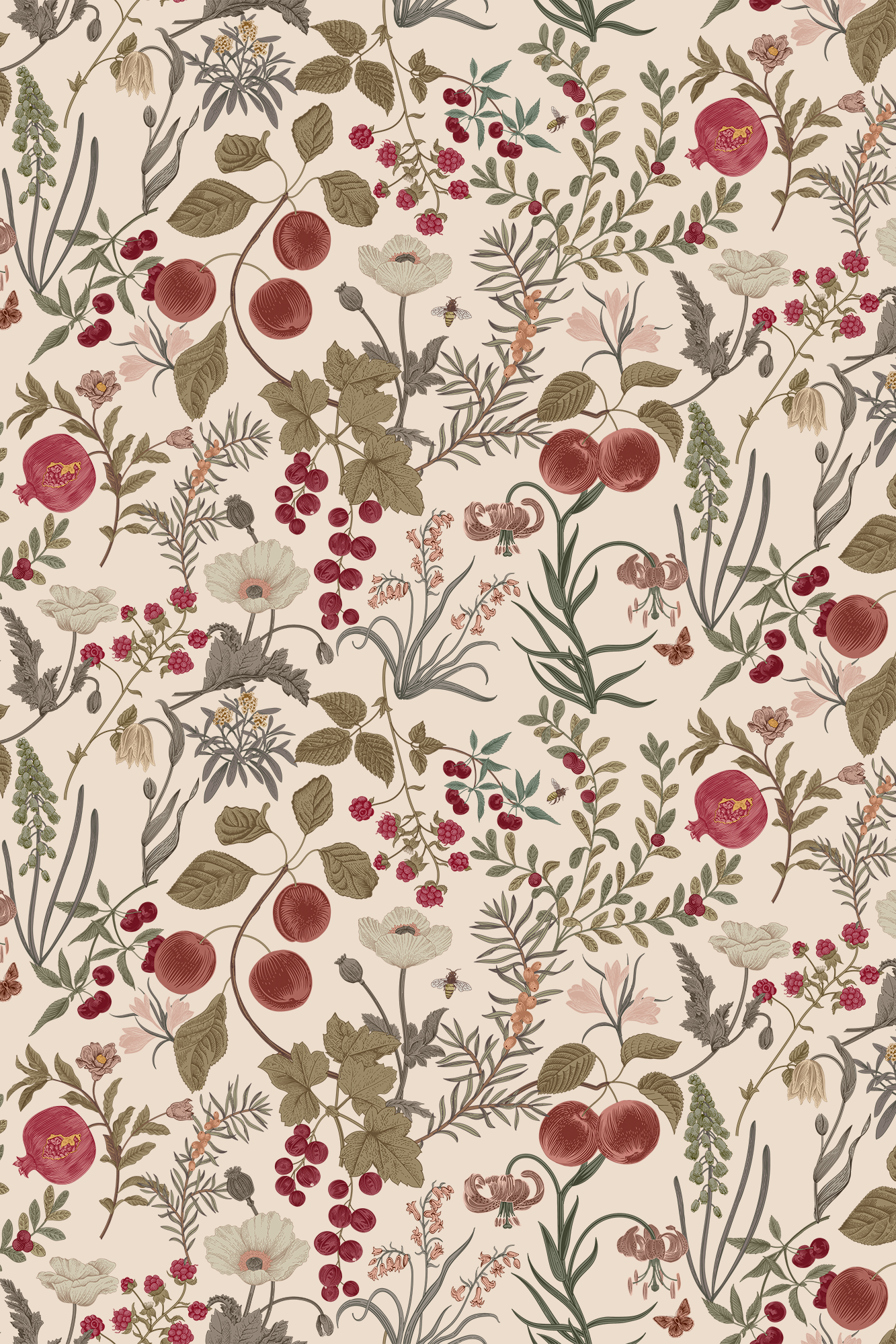 Victoria Neutral Floral Berry Wallpaper - Removable Wallpaper (Peel & Stick)