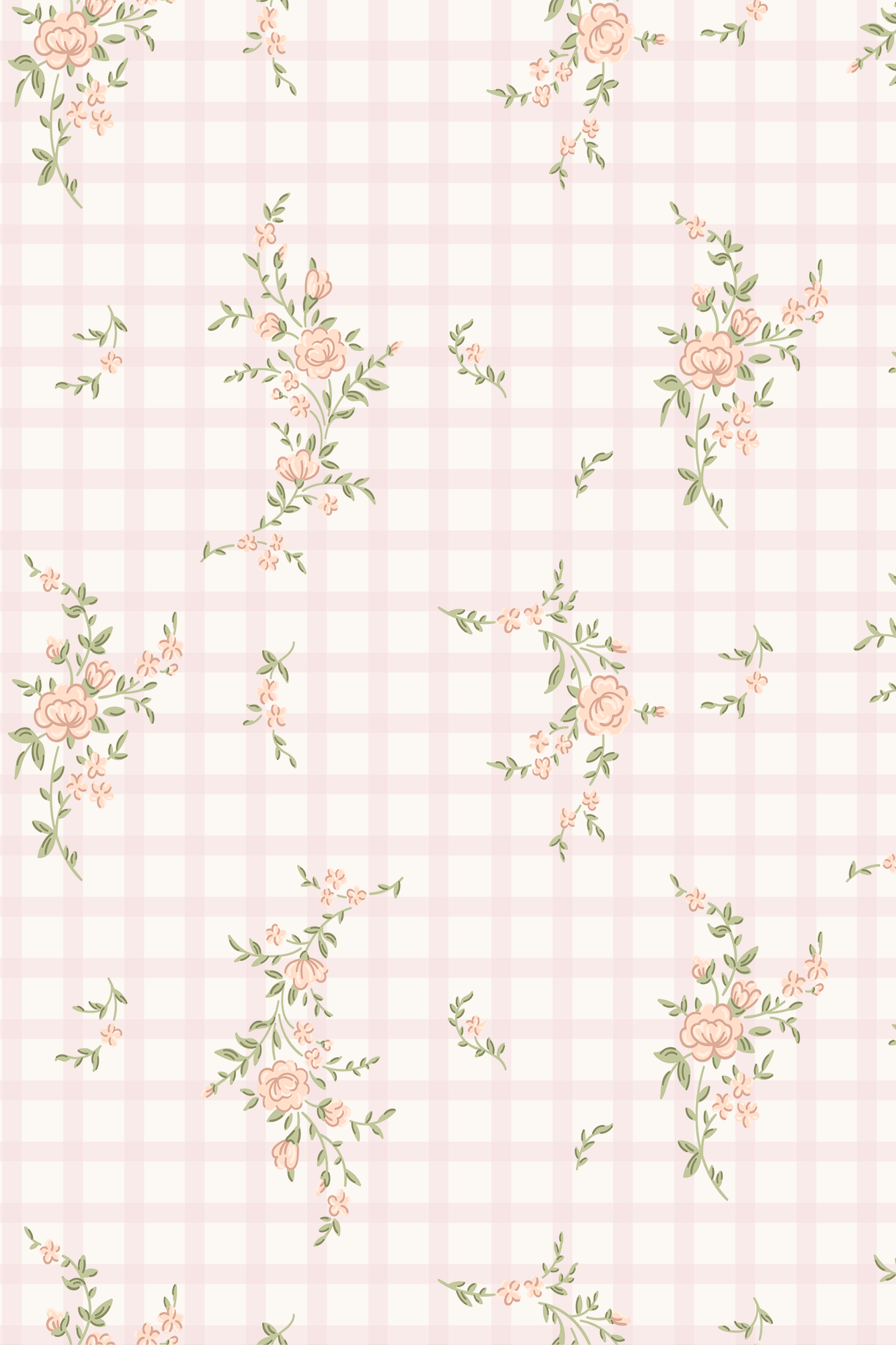 Clarissa Pink and Green Vintage Gingham Floral Wallpaper - Removable Wallpaper (Peel & Stick)