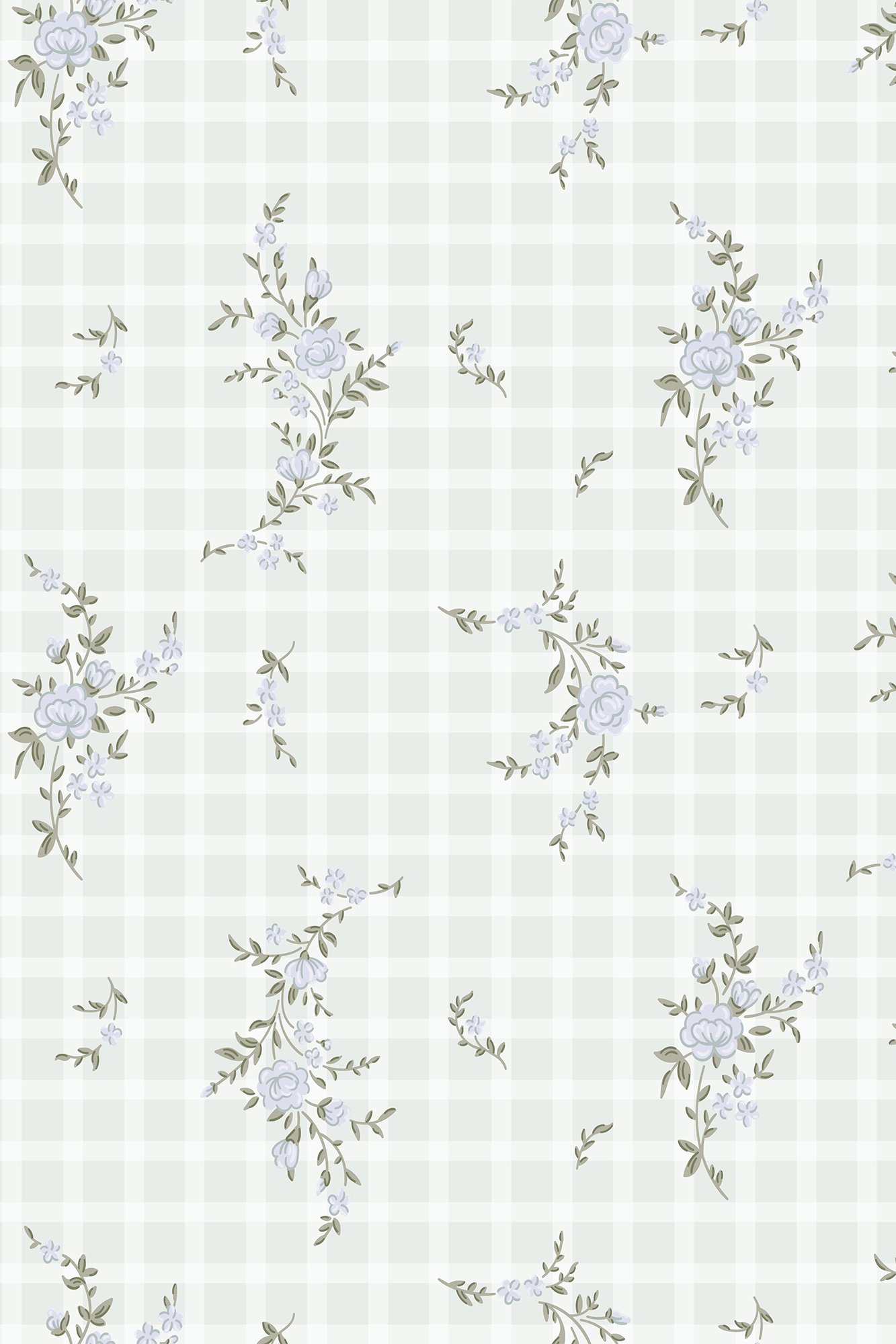 Clarissa Blue and Green Vintage Gingham Floral Wallpaper - Removable Wallpaper (Peel & Stick)