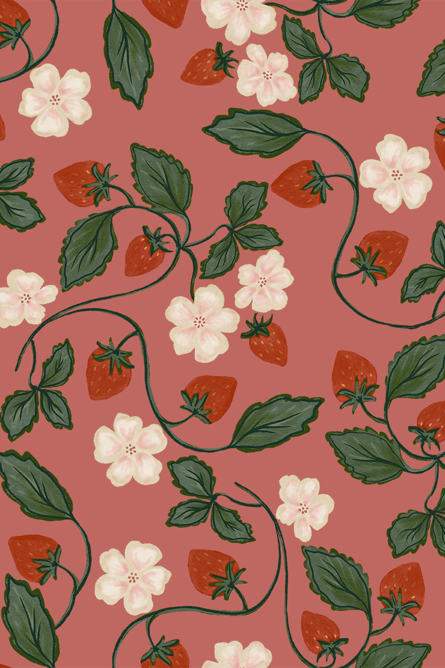 Elvira Brick Red and Deep Olive Syrawberry Blossom Wallpaper - Removable Wallpaper (Peel & Stick)