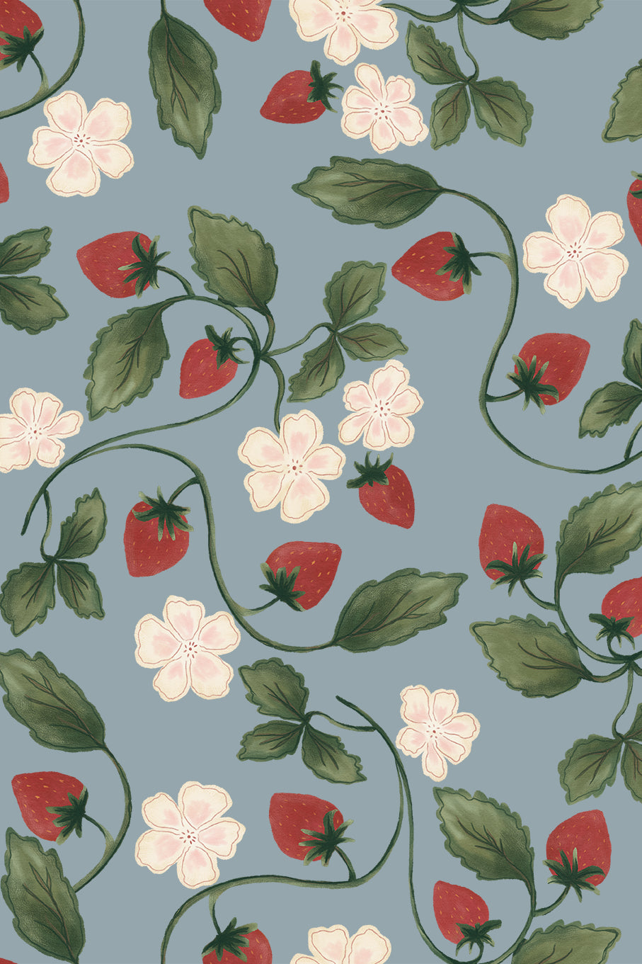 Elvira Carmine and Pistachio Strawberry Blossom Wallpaper - Removable Wallpaper (Peel & Stick)