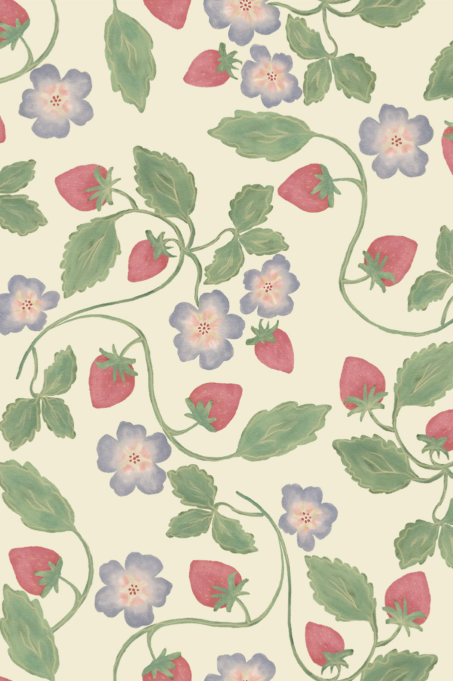 Elvira English Rose and Matcha Strawberry Blossom Wallpaper - Removable Wallpaper (Peel & Stick)