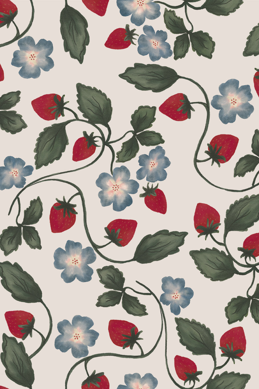 Elvira Scarlet and Myrtle Green Strawberry Blossom Wallpaper - Removable Wallpaper (Peel & Stick)