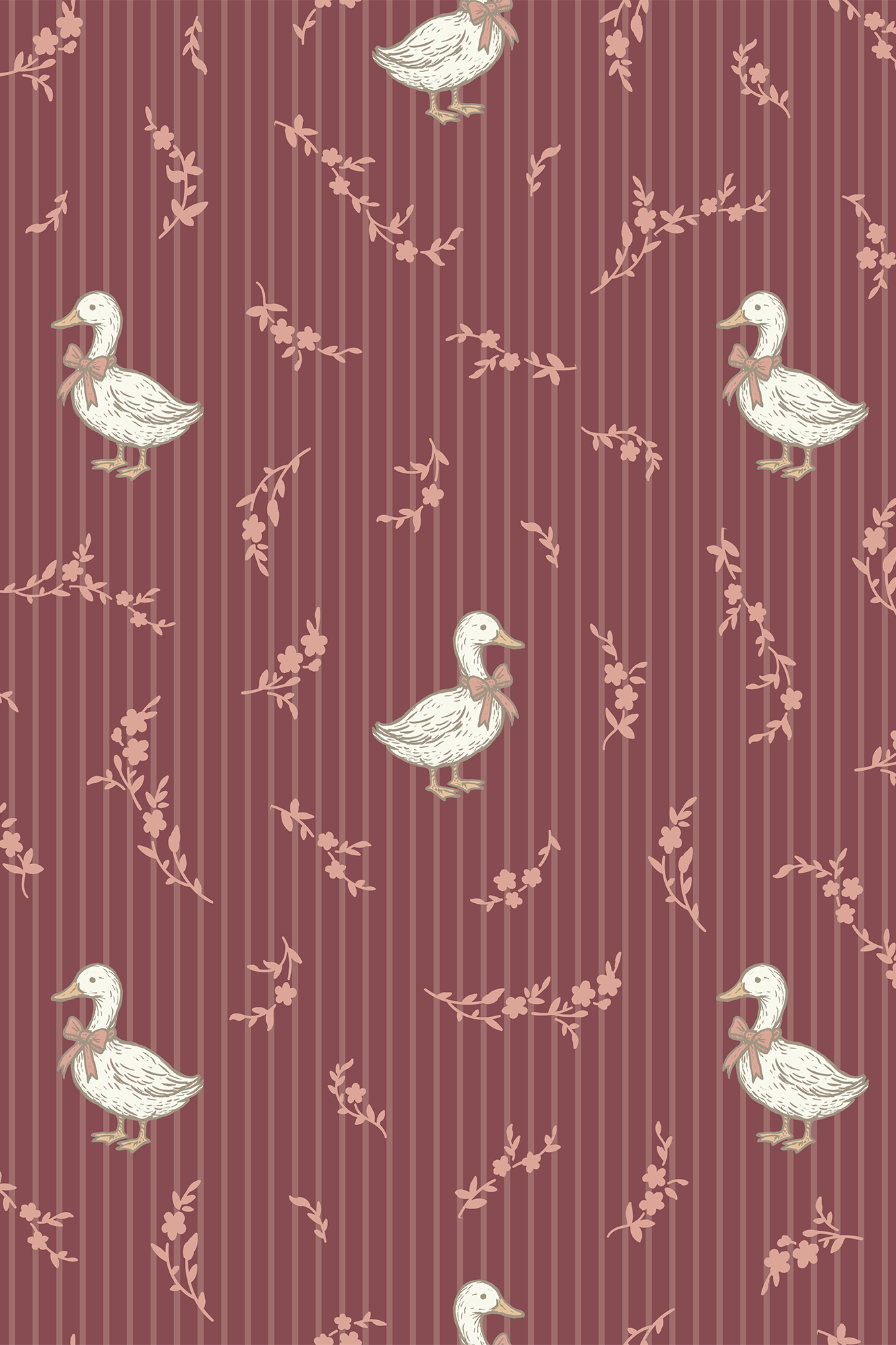 Etta Red and Cream Timeless Stripe Ducks and Florals Wallpaper - Removable Wallpaper (Peel & Stick)