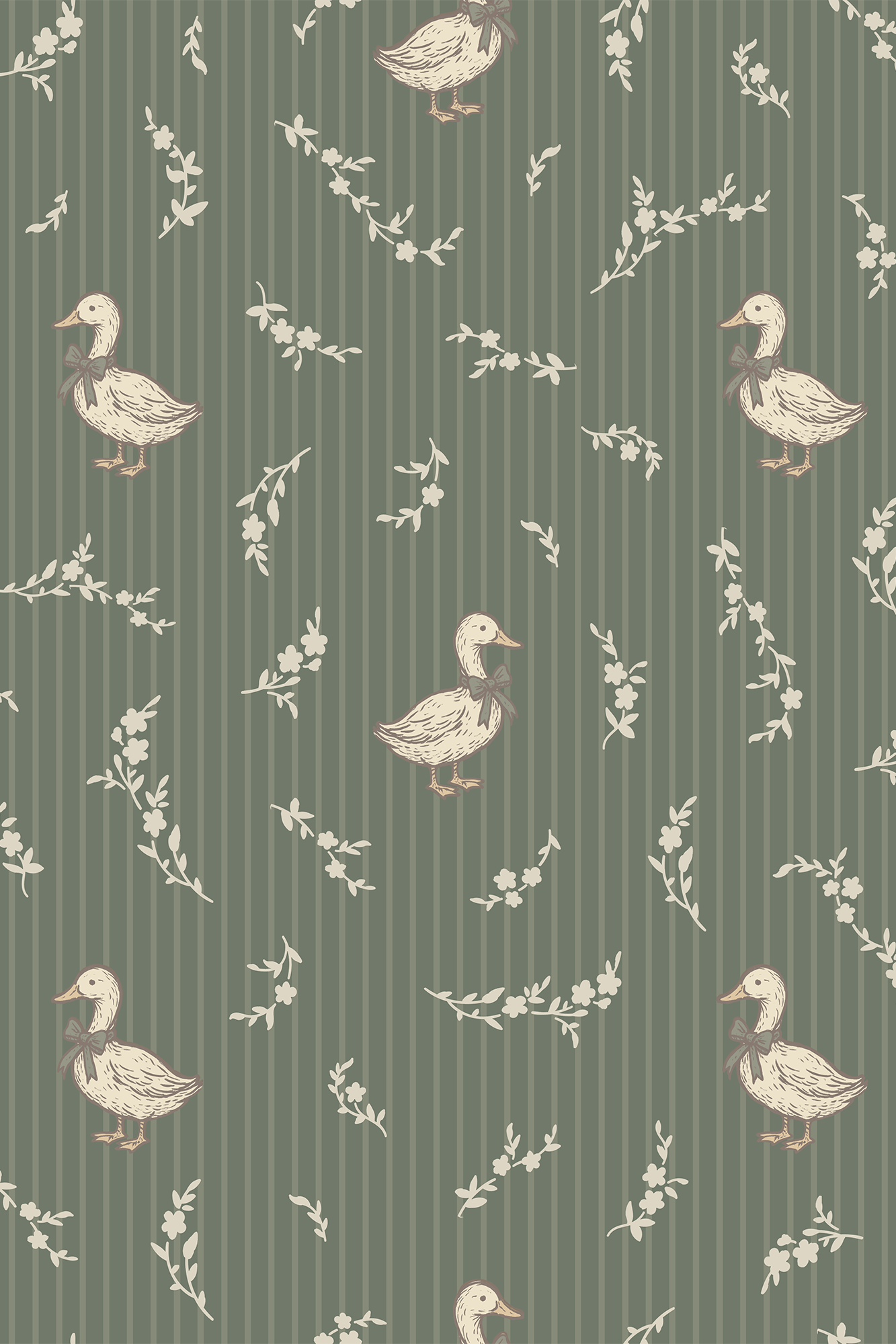 Etta Green and Cream Timeless Stripe Ducks and Florals Wallpaper - Removable Wallpaper (Peel & Stick)
