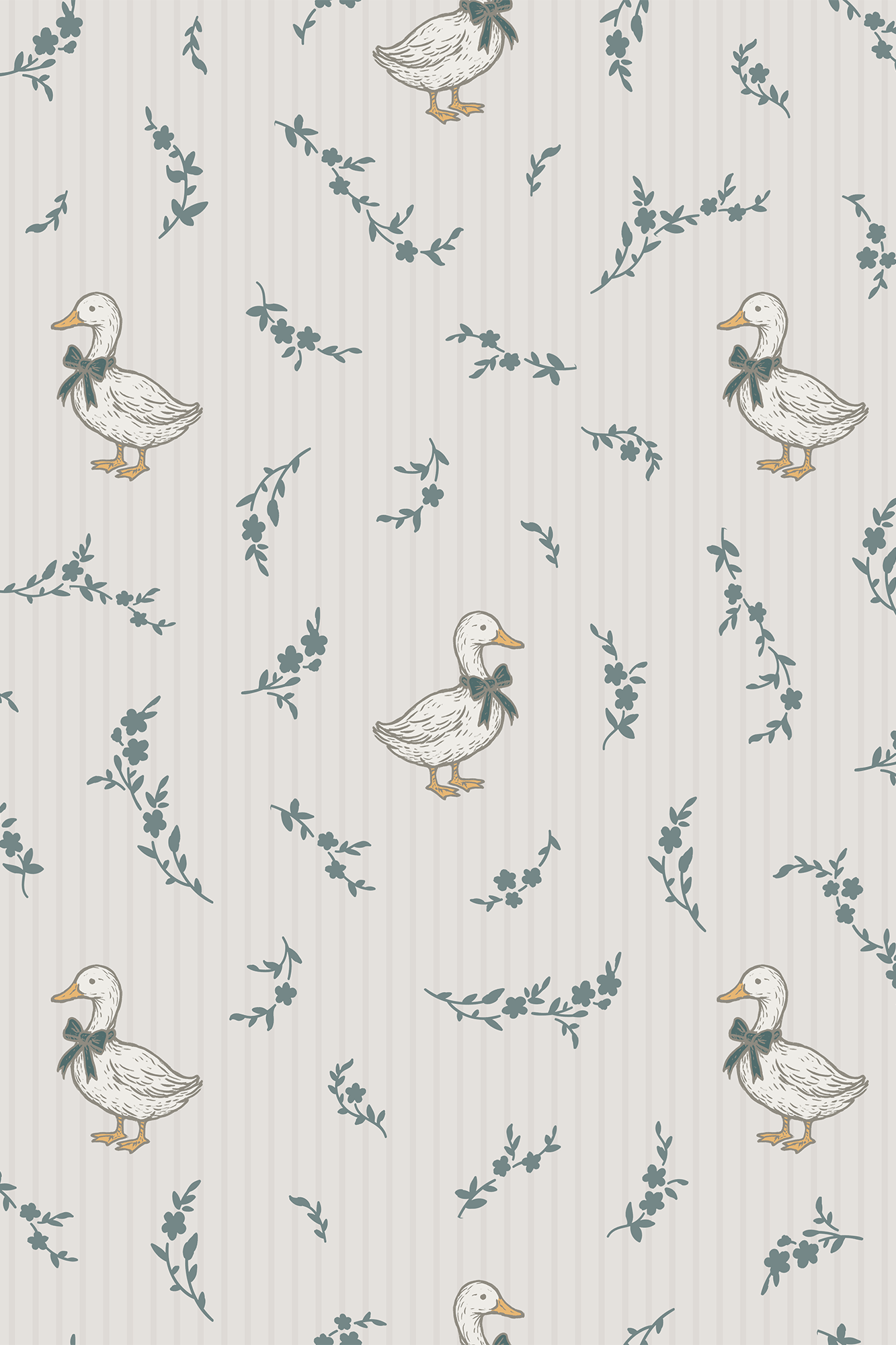 Etta Blue and White Timeless Stripe Ducks and Florals Wallpaper - Removable Wallpaper (Peel & Stick)