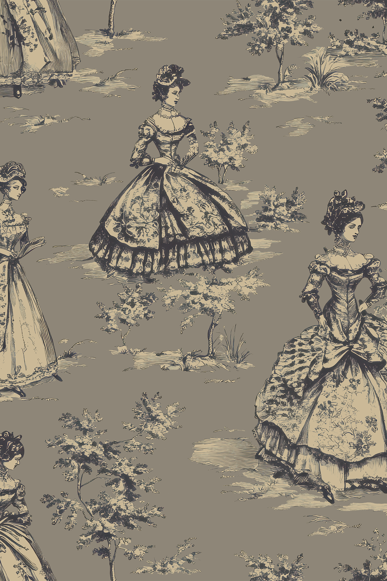 Francesca Brown Dancing Victorian Ladies Ball Gown Toile Wallpaper - Removable Wallpaper (Peel & Stick)