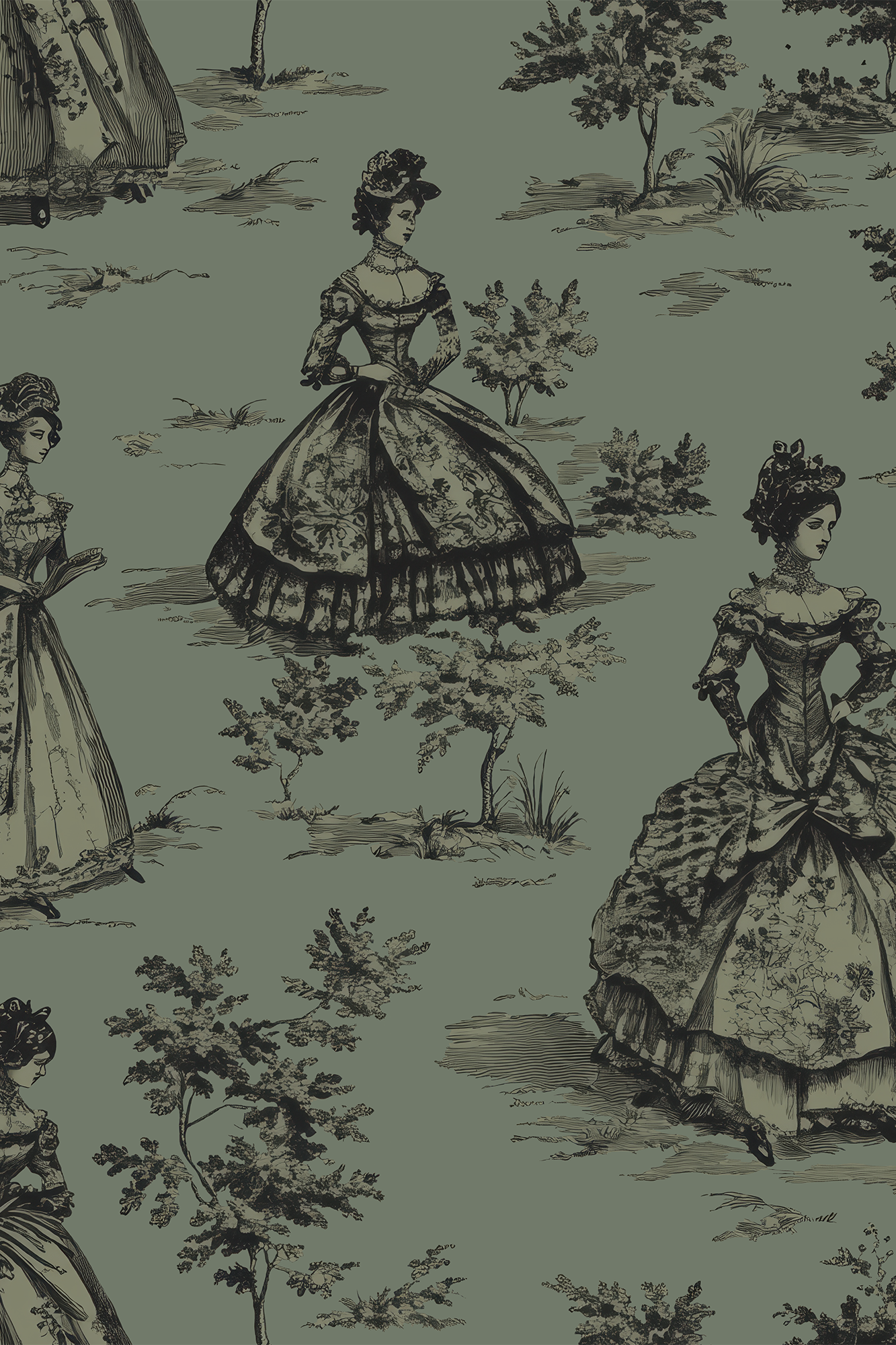 Francesca Green Dancing Victorian Ladies Ball Gown Toile Wallpaper - Removable Wallpaper (Peel & Stick)