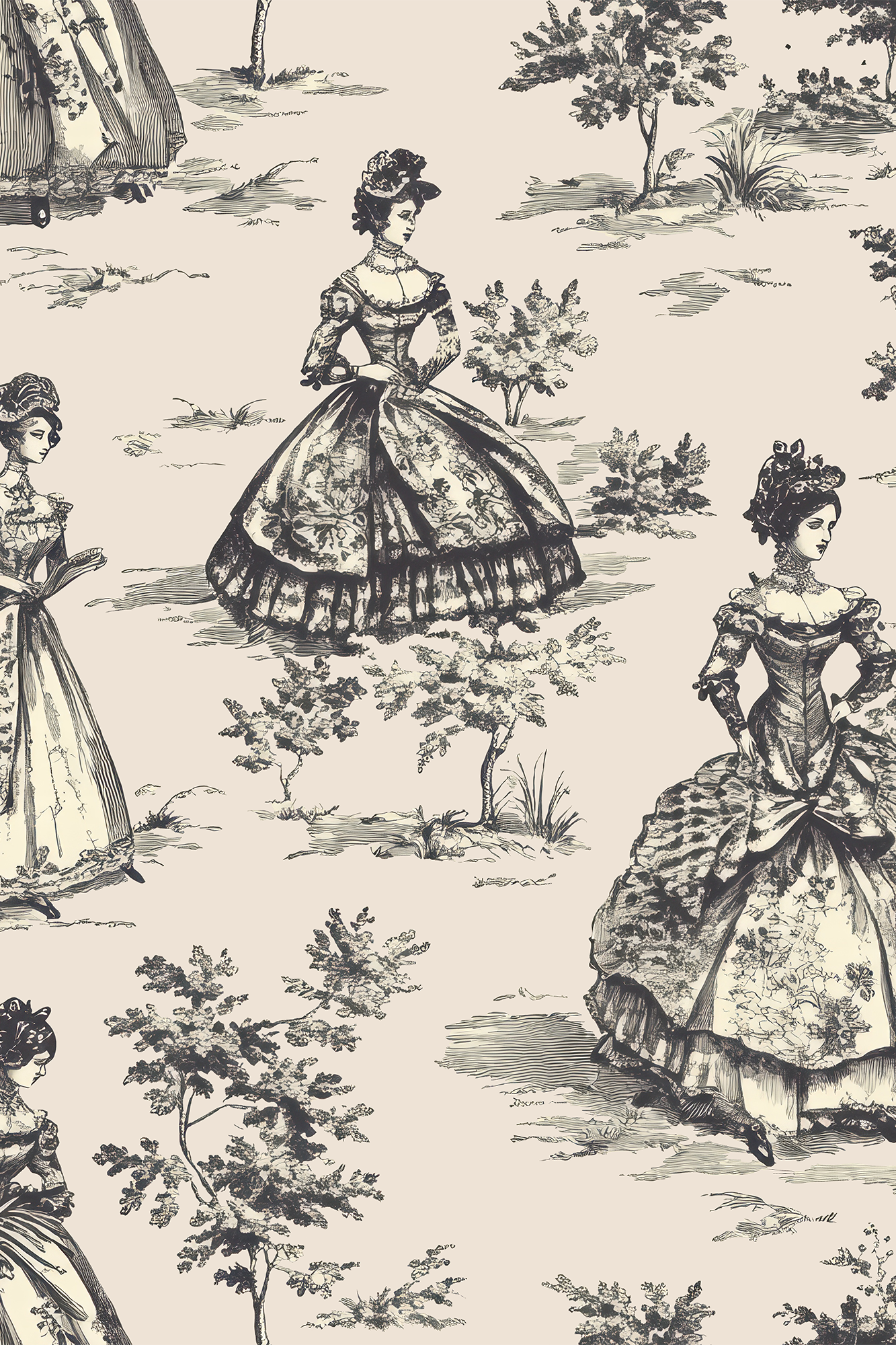 Francesca Cream Dancing Victorian Ladies Ball Gown Toile Wallpaper - Removable Wallpaper (Peel & Stick)