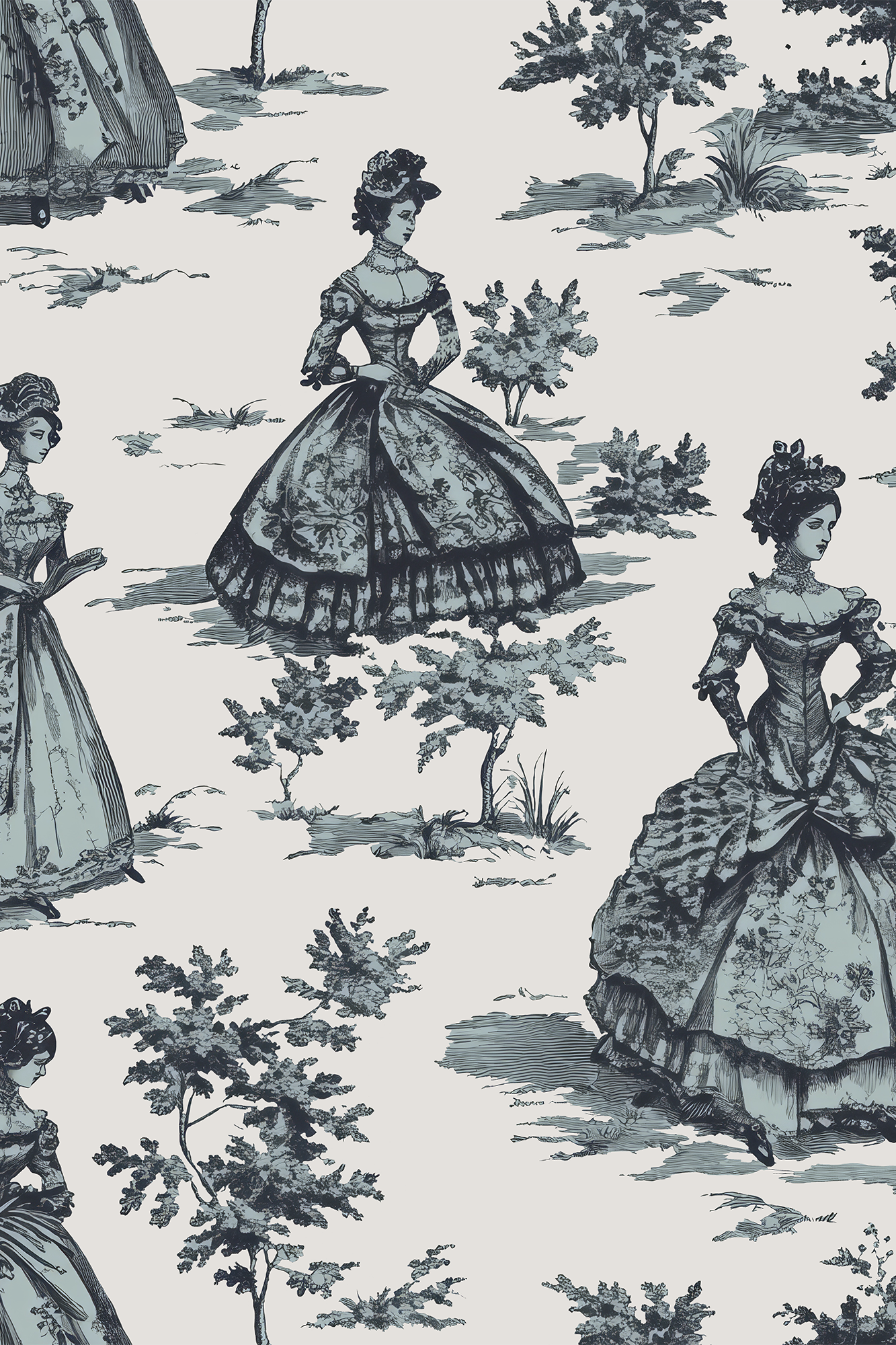 Francesca Blue Dancing Victorian Ladies Ball Gown Toile Wallpaper - Removable Wallpaper (Peel & Stick)