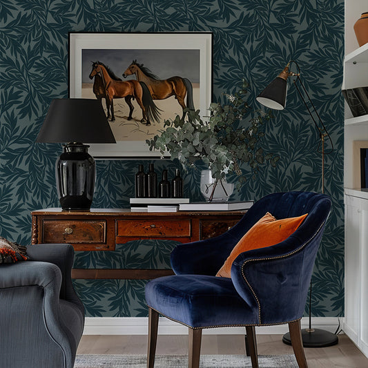 Blue hand drawn leaves wallpaper by Claret & Key