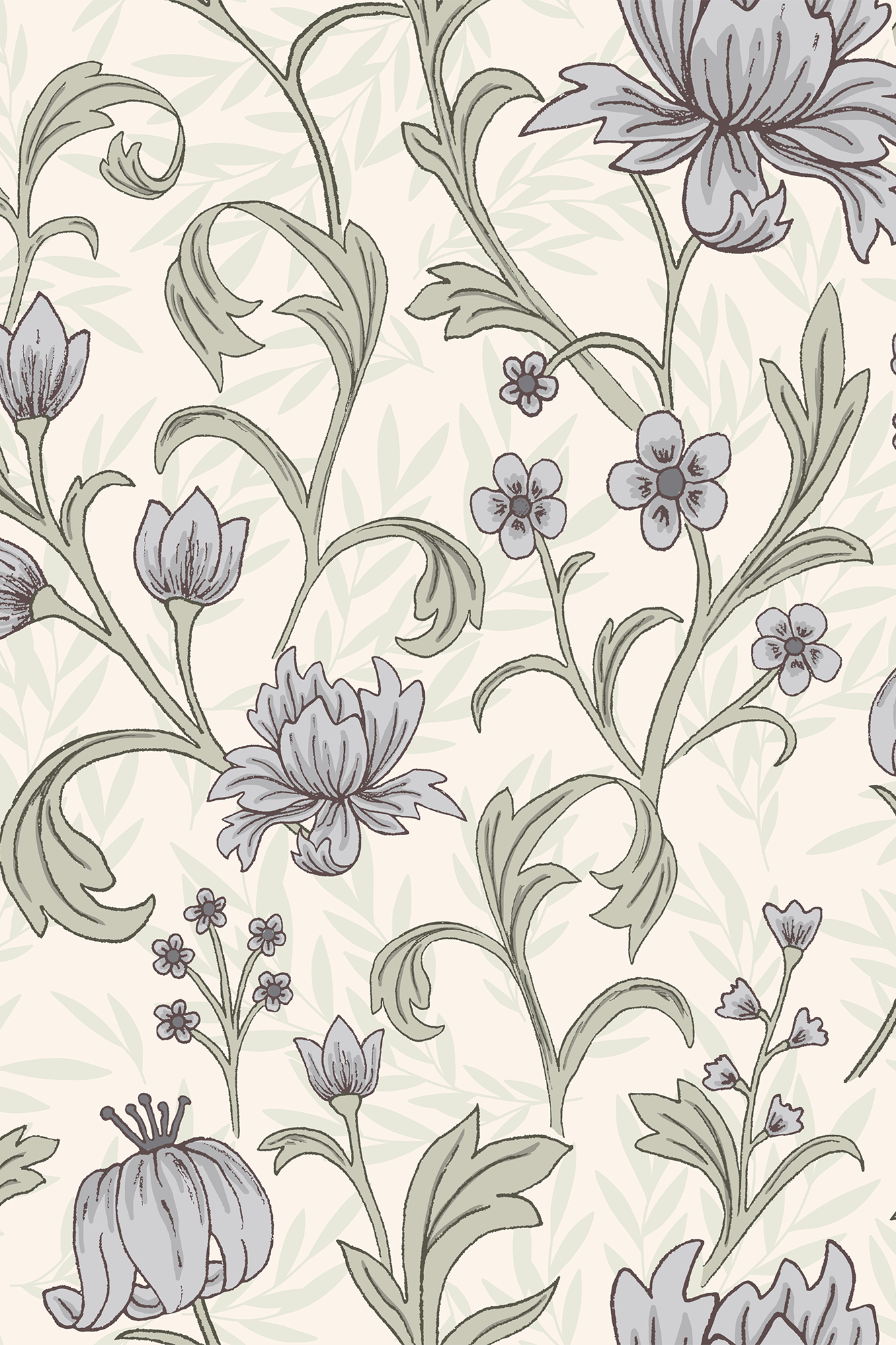 Hattie Lilac and Green Traditional Floral Trailing Wallpaper - Removable Wallpaper (Peel & Stick)