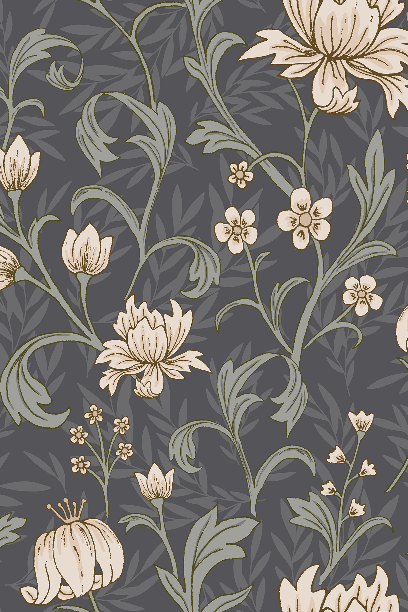 Hattie Cream and Blue Traditional Floral Trailing Wallpaper - Removable Wallpaper (Peel & Stick)