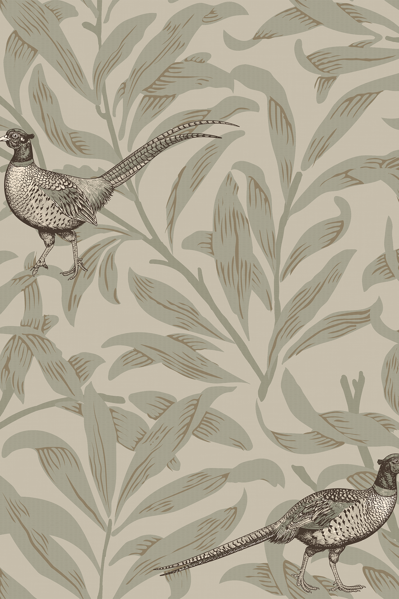 Henry Green and Cream Graceful Pheasants and Foliage Wallpaper - Removable Wallpaper (Peel & Stick)