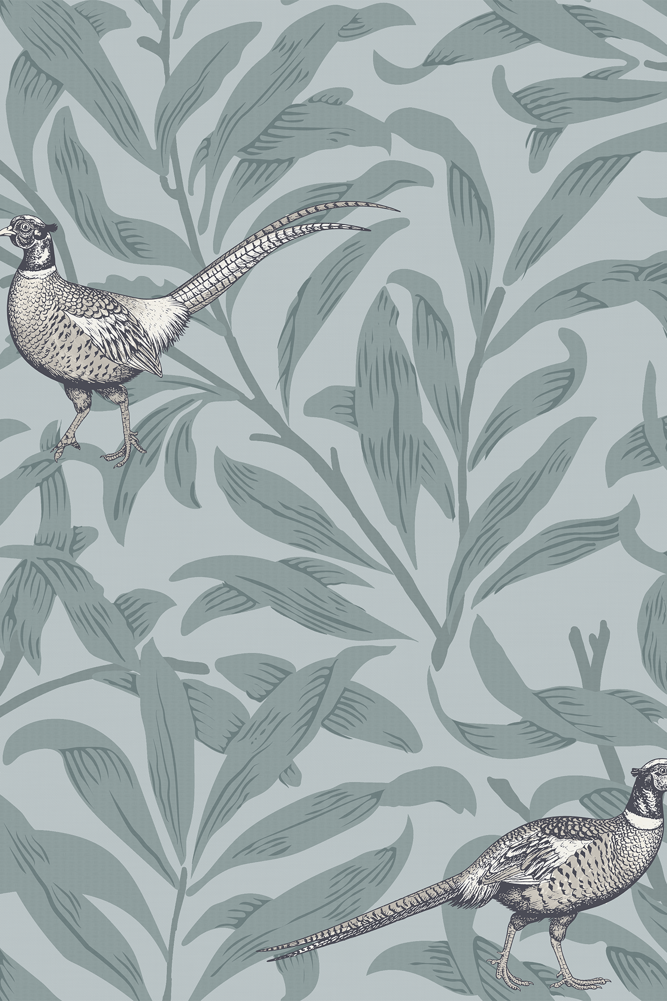 Henry Blue and White Graceful Pheasants and Foliage Wallpaper - Removable Wallpaper (Peel & Stick)