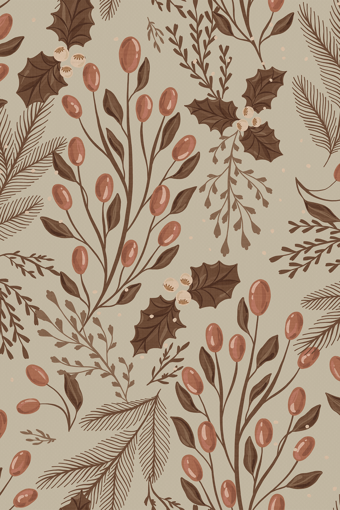 Holly Orange and Brown Winter Holly Leaves and Berries Wallpaper - Removable Wallpaper (Peel & Stick)