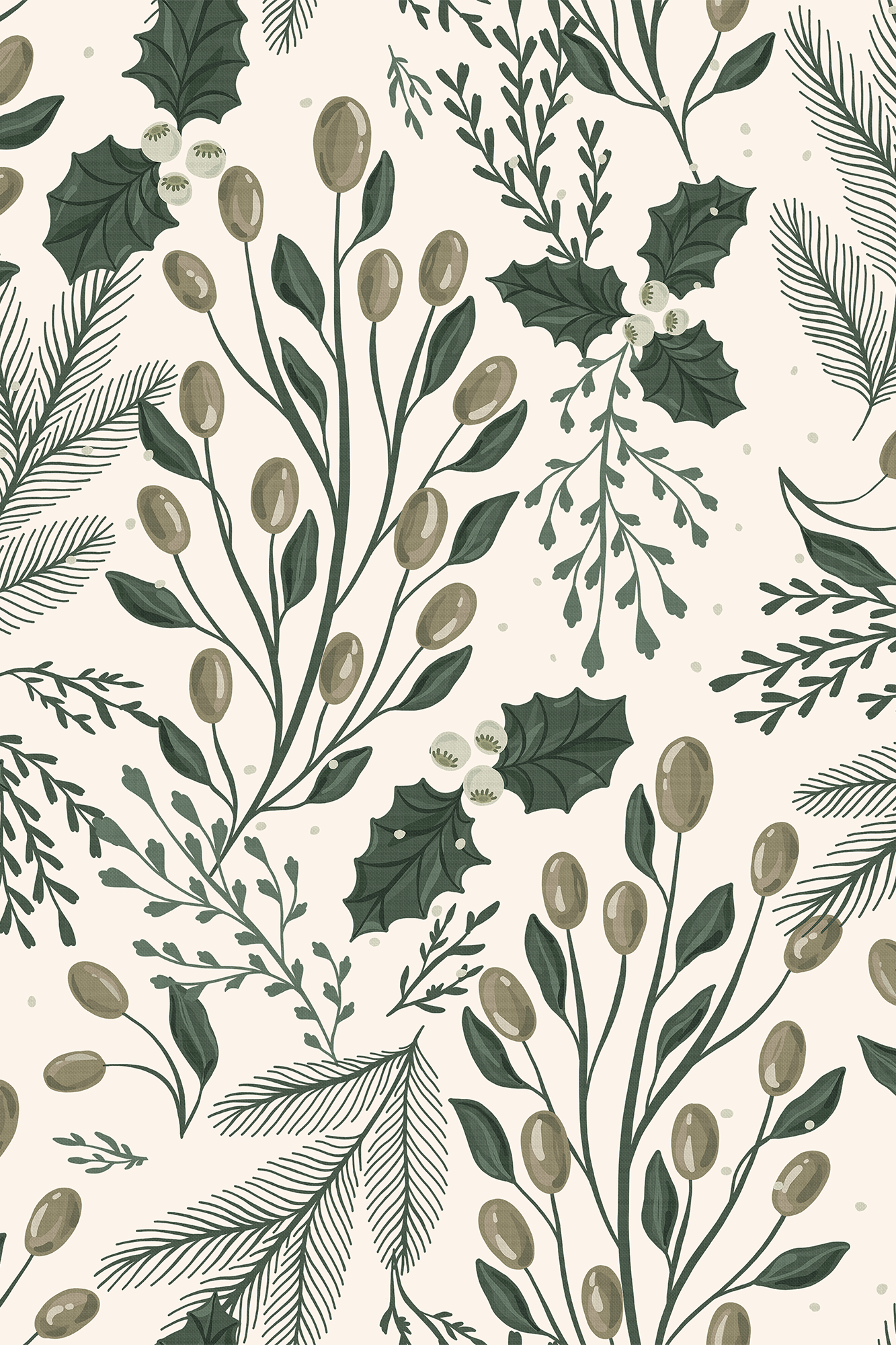 Holly Green Winter Holly Leaves and Berries Wallpaper - Removable Wallpaper (Peel & Stick)