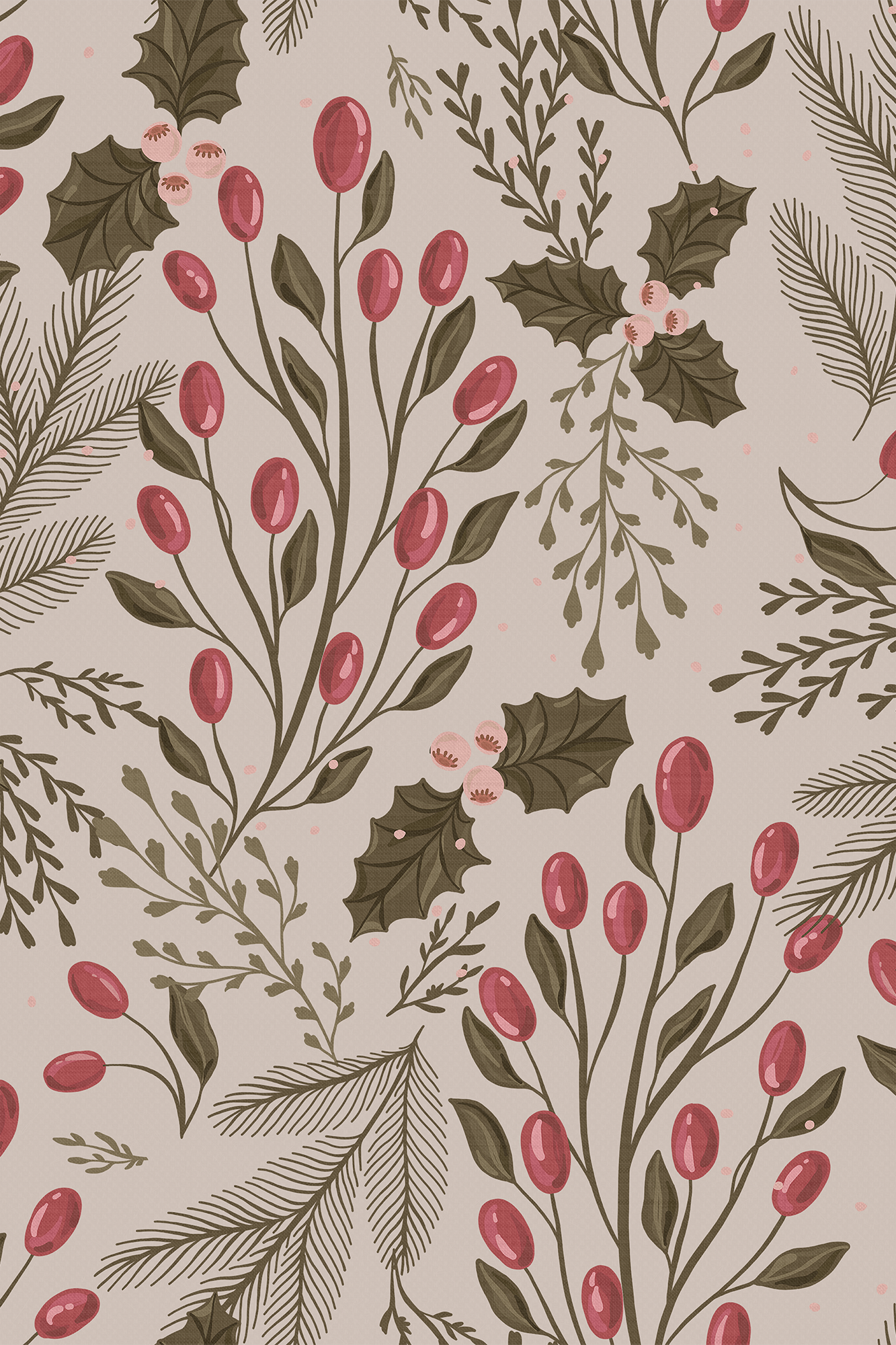 Holly Red and Green Winter Holly Leaves and Berries Wallpaper - Removable Wallpaper (Peel & Stick)