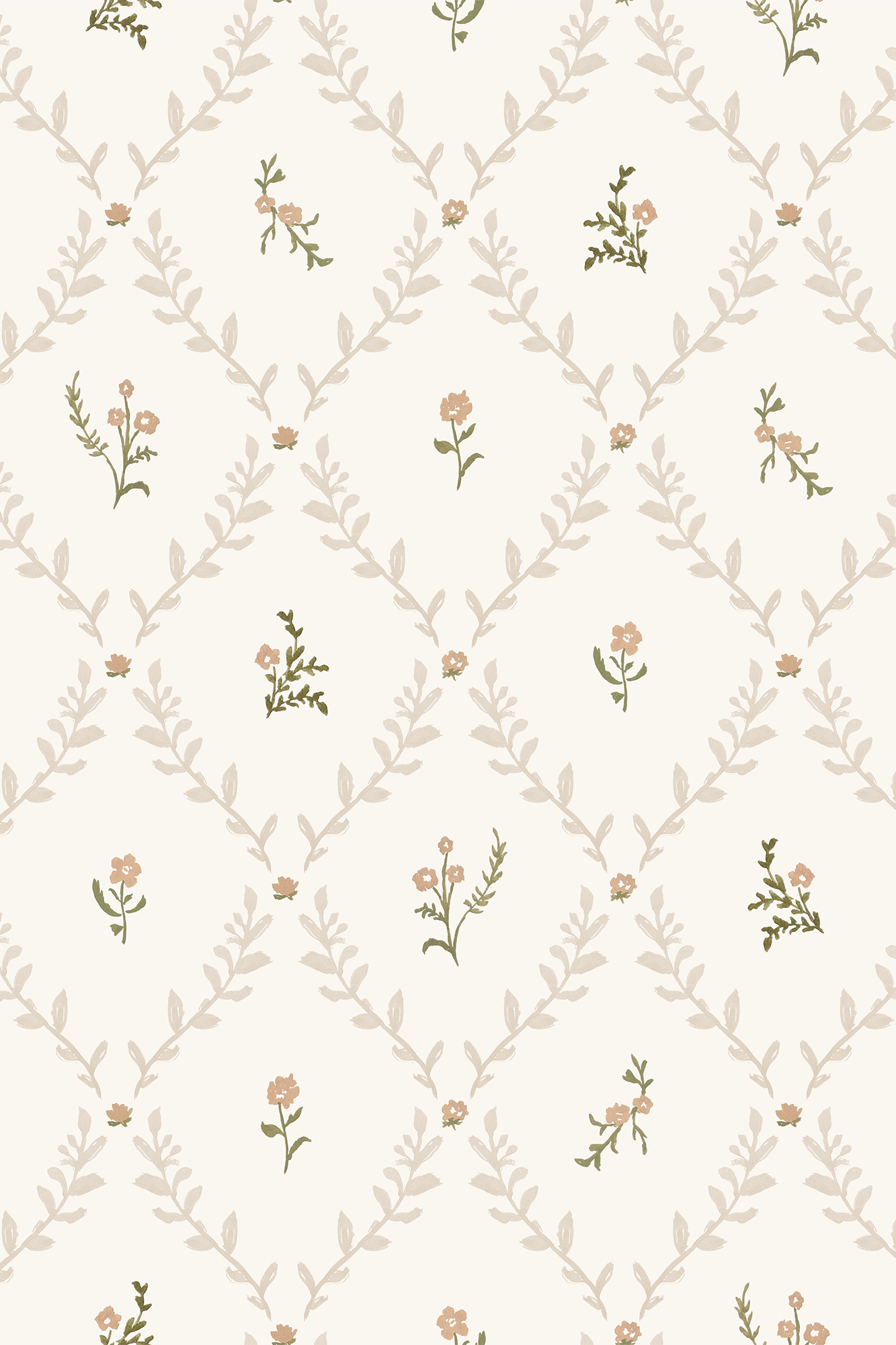 Jane Peach and Green Ditsy Floral Trellis Wallpaper - Removable Wallpaper (Peel & Stick)