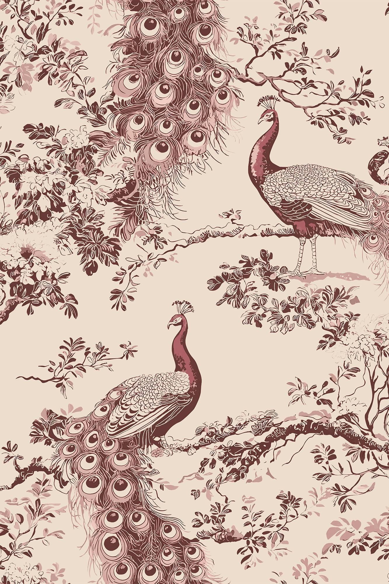 Kathani Red Elegant Peacock Toile Wallpaper - Removable Wallpaper (Peel & Stick)