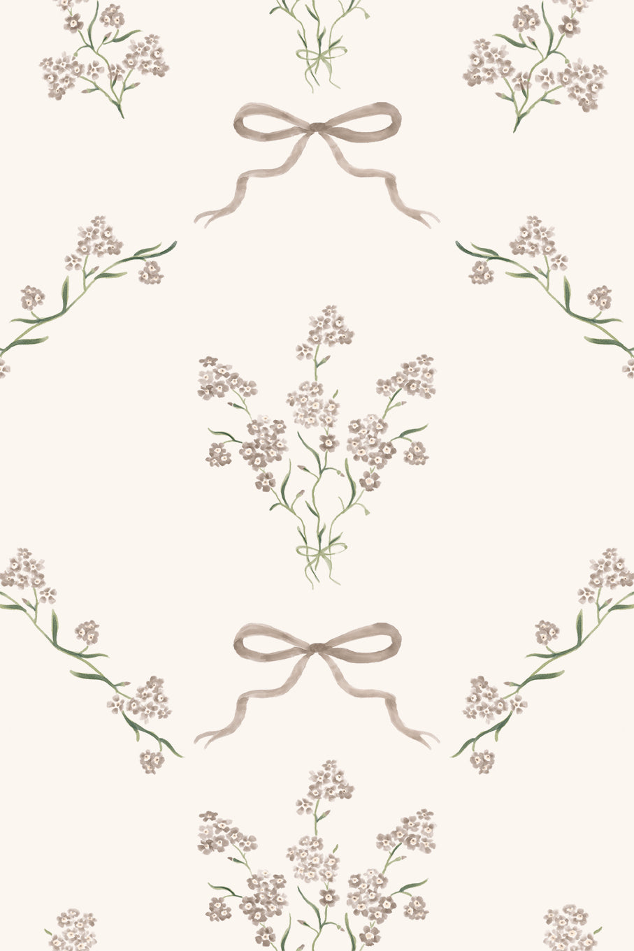 Odette Neutral Cream and Brown Vintage Ditsy Floral Bow Wallpaper - Removable Wallpaper (Peel & Stick)