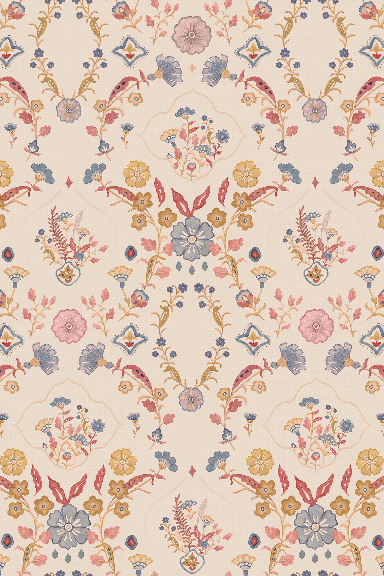 Portia Blue, Yellow and Orange Damask Painterly Floral Wallpaper - Removable Wallpaper (Peel & Stick)