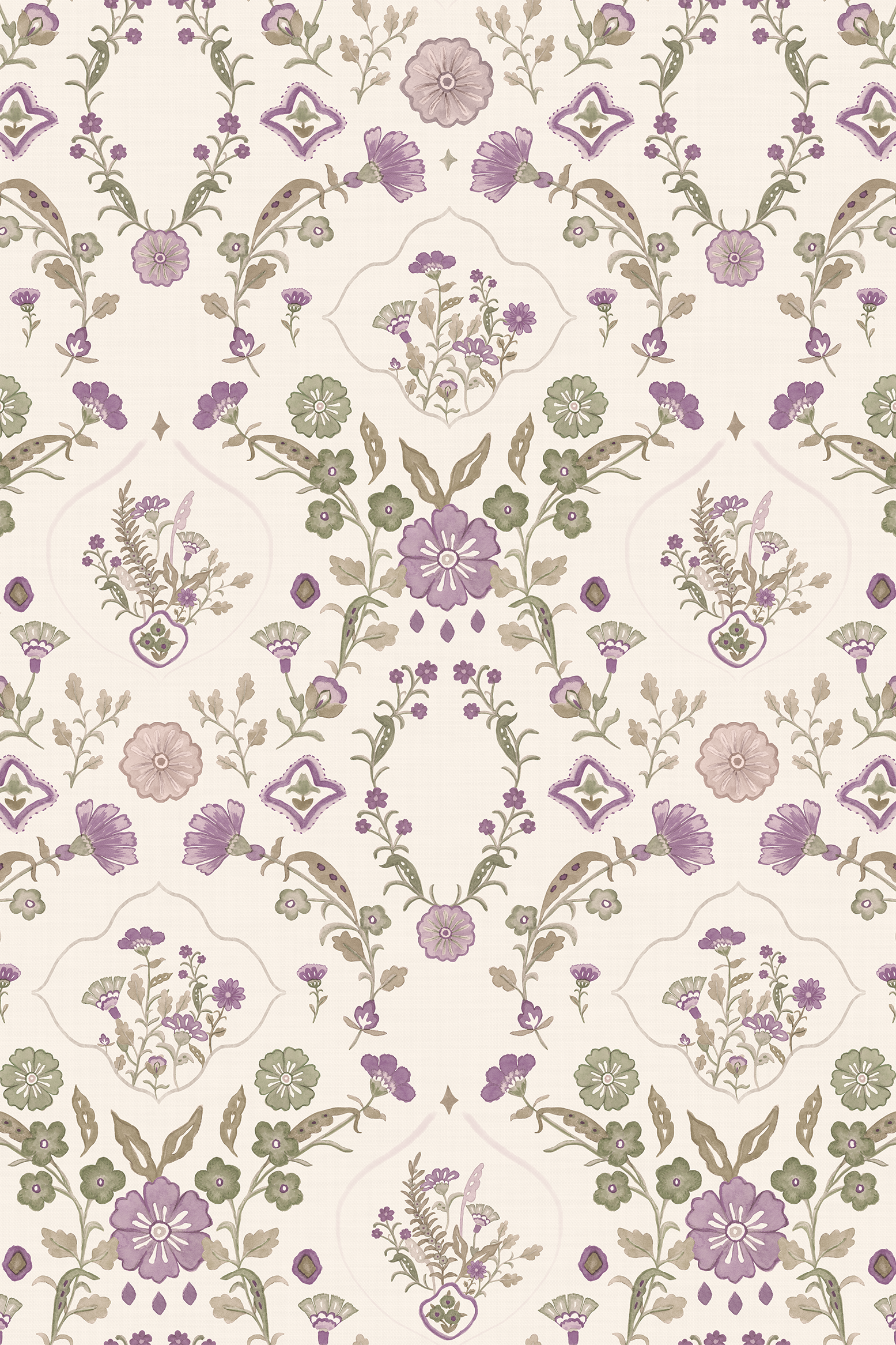 Portia Lilac and Green Damask Painterly Floral Wallpaper - Removable Wallpaper (Peel & Stick)