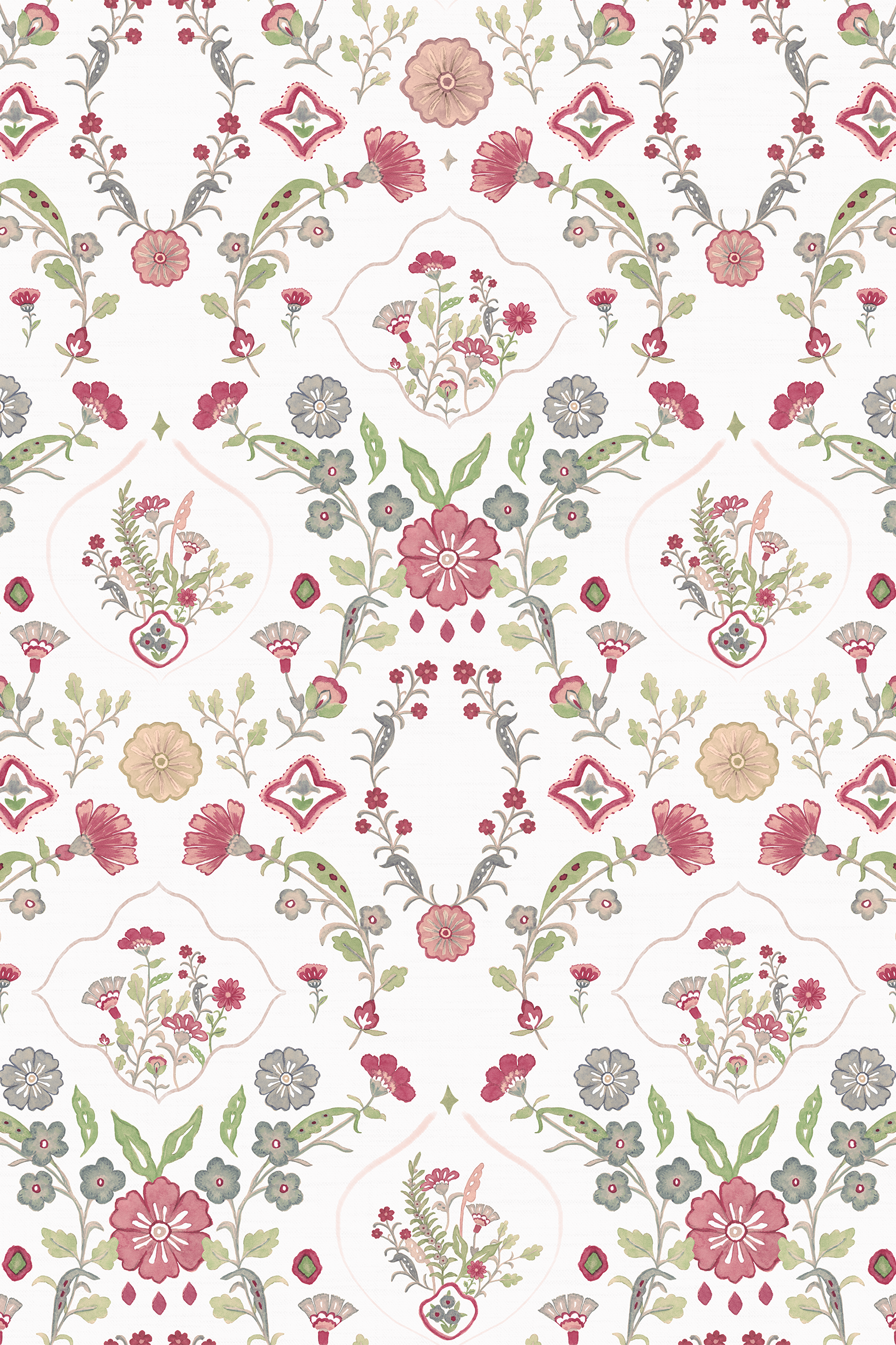 Portia Pink, Blue and Green Damask Painterly Floral Wallpaper - Removable Wallpaper (Peel & Stick)