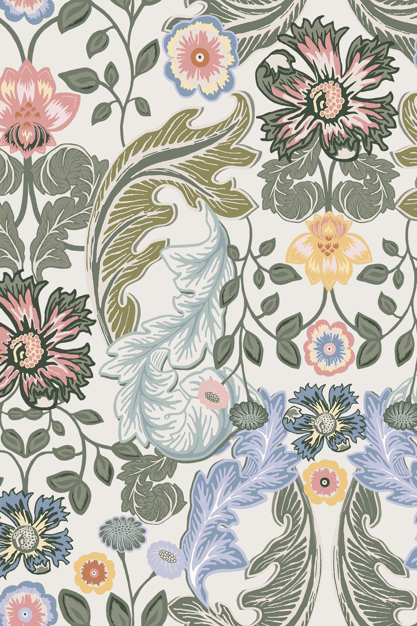 Brontë Neutral Green & Pink Acanthi Leaf Blooms Wallpaper - Removable Wallpaper (Peel & Stick)