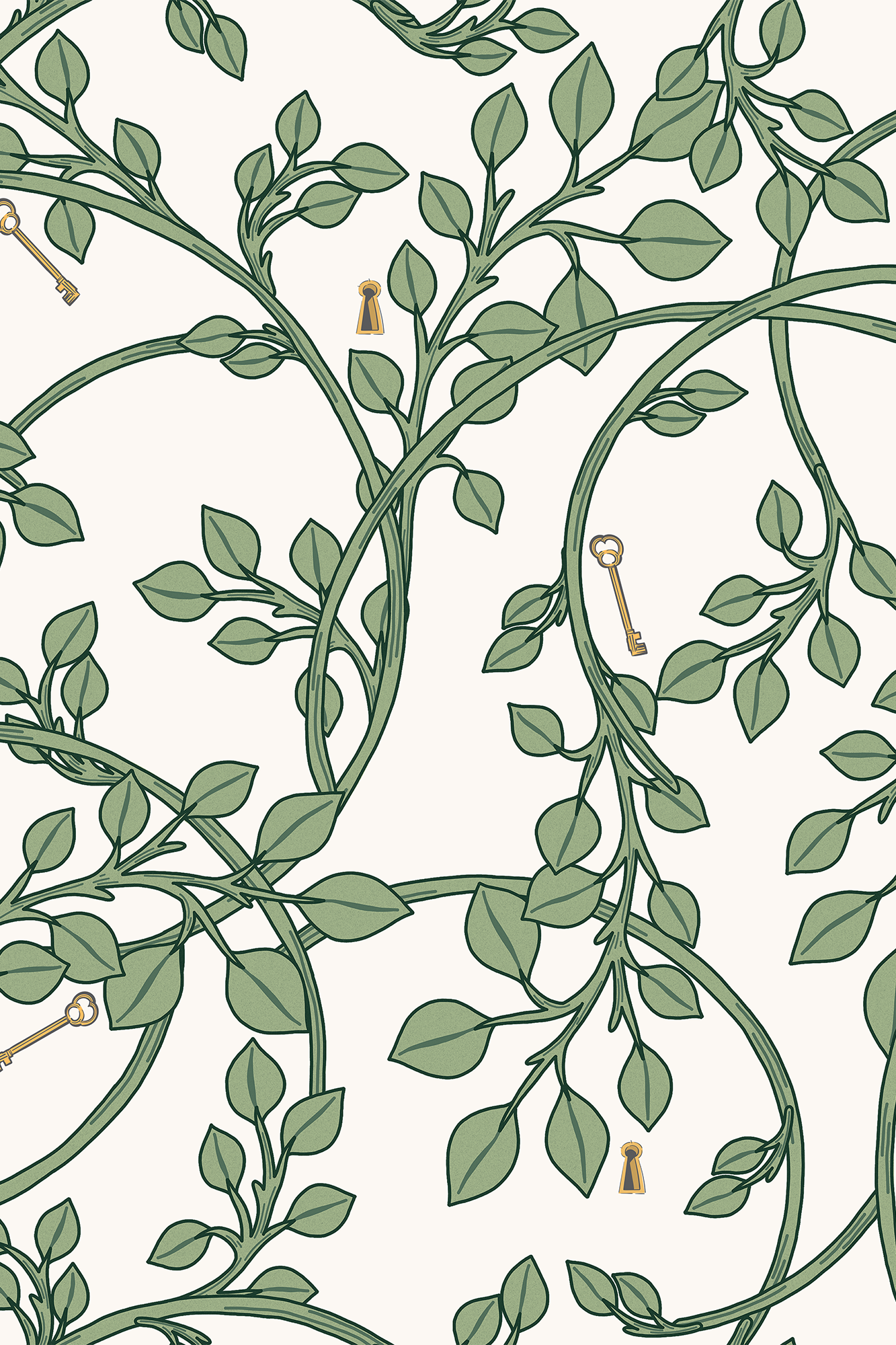 Evie Green Trailing Ivy and Keys Wallpaper - Removable Wallpaper (Peel & Stick)