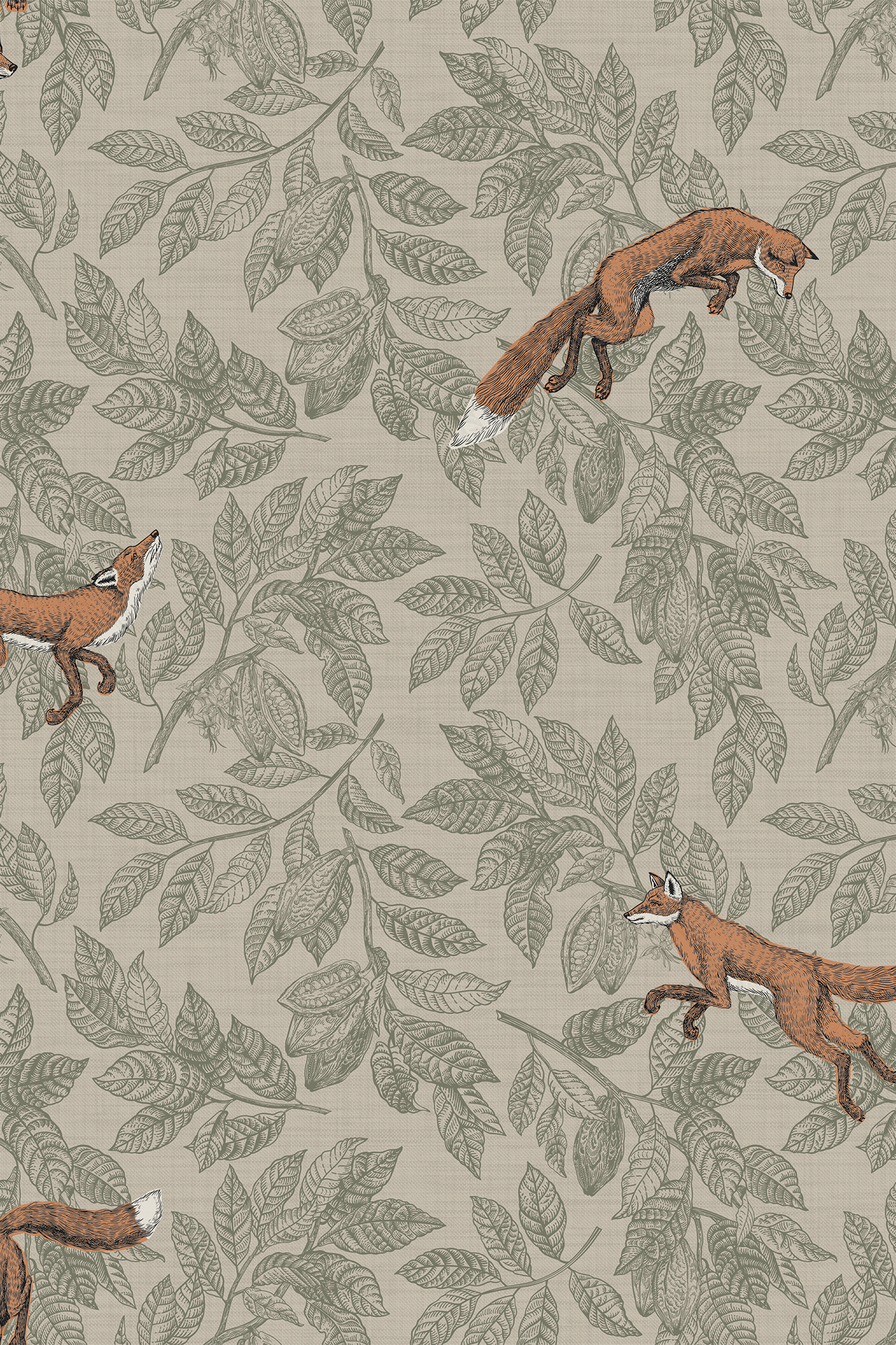 Felix Green and Orange Woodland Foxes and Leaves Wallpaper - Removable Wallpaper (Peel & Stick)