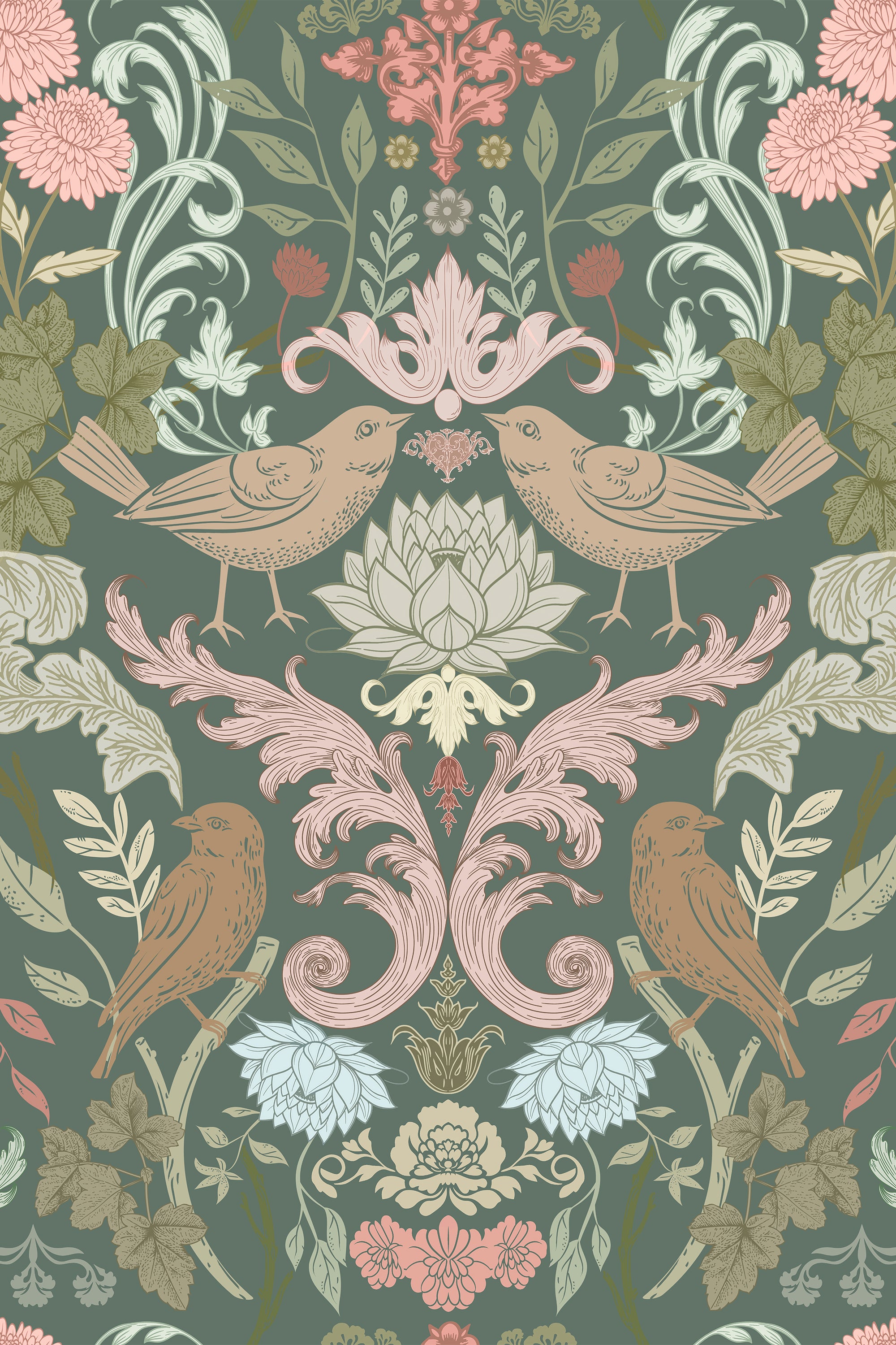 Lark Green & Pink Vintage Songbird Wallpaper - Removable Wallpaper (Peel & Stick)