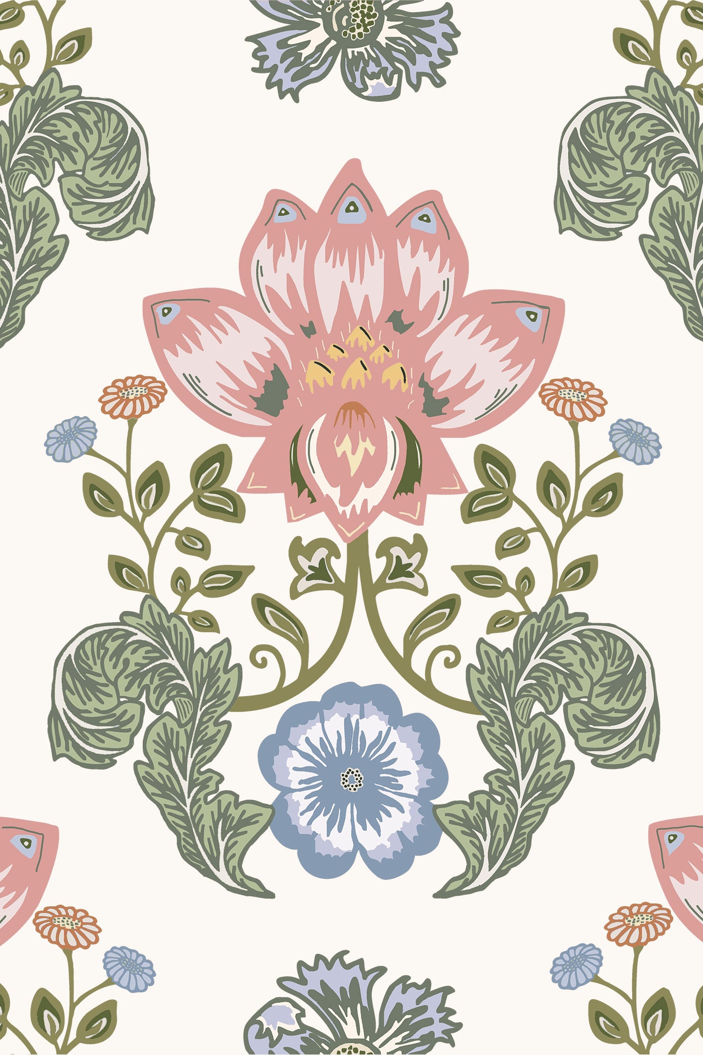 Lilie Pink & Green Damask Lilypad Foliage Wallpaper - Removable Wallpaper (Peel & Stick)